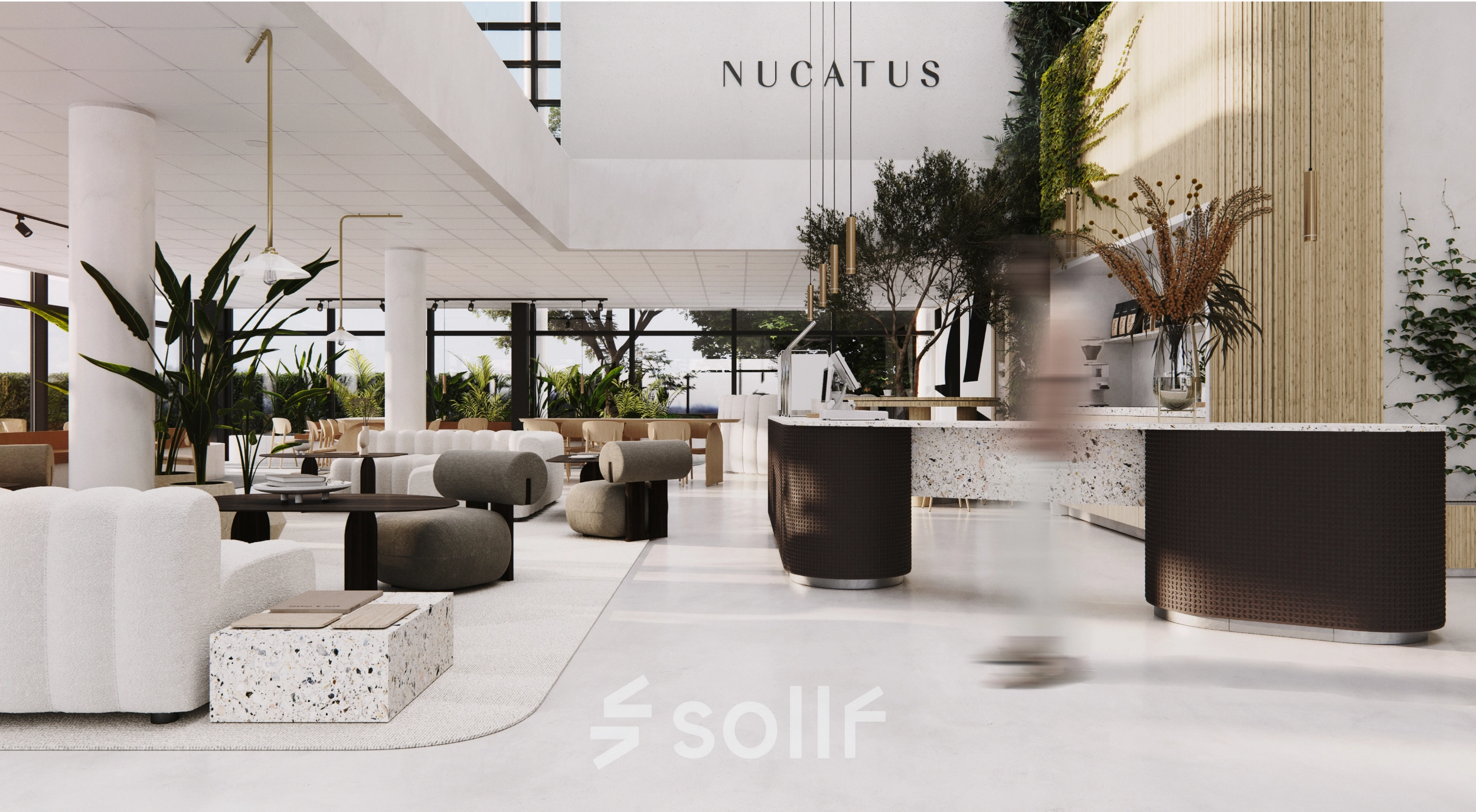 Elegant office space rental in Amsterdam South East featuring a modern, furnished interior with stylish seating areas and natural lighting.
