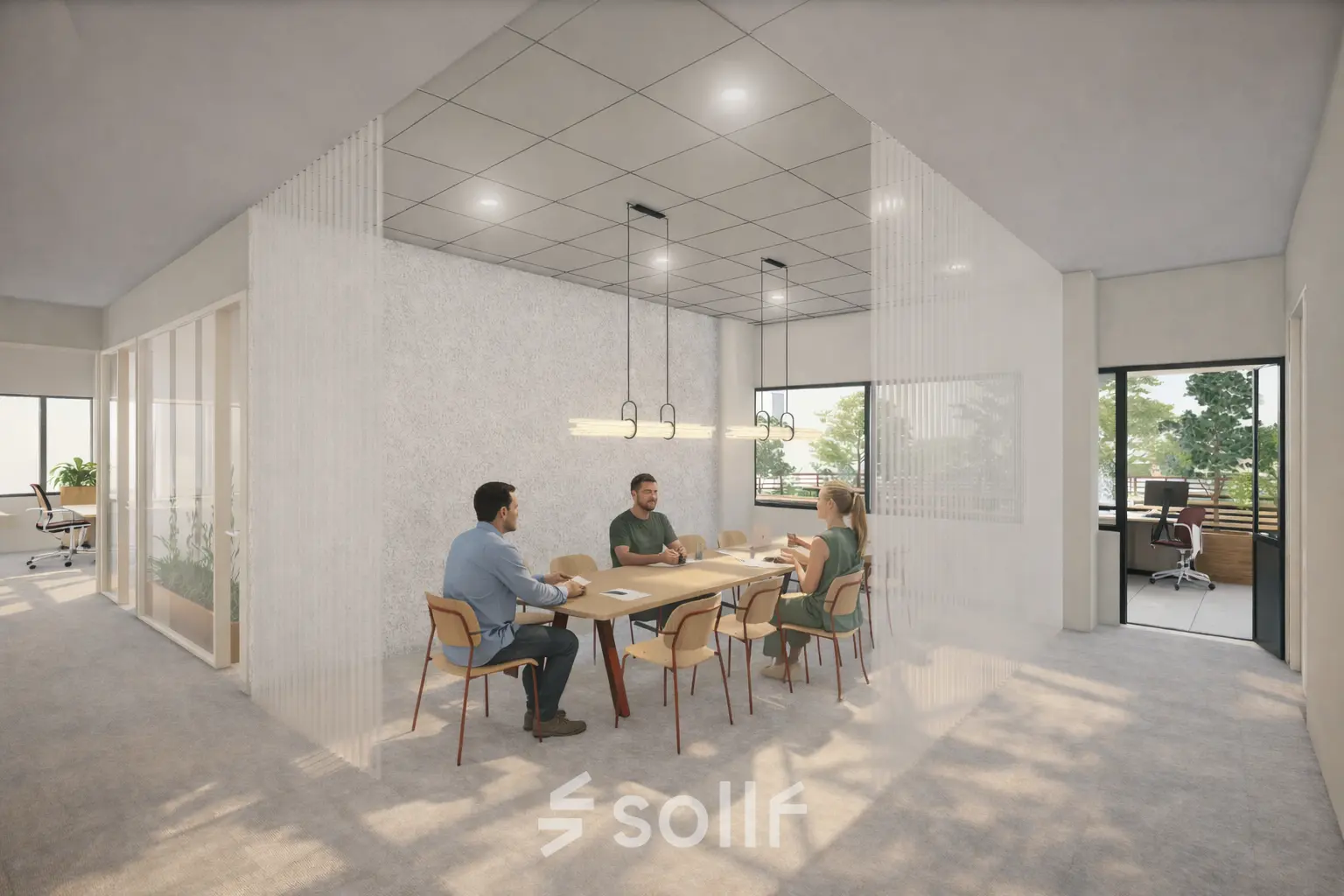 Modern office space at Luttenbergweg 8, Amsterdam South East with four people collaborating around a conference table, available for rent.