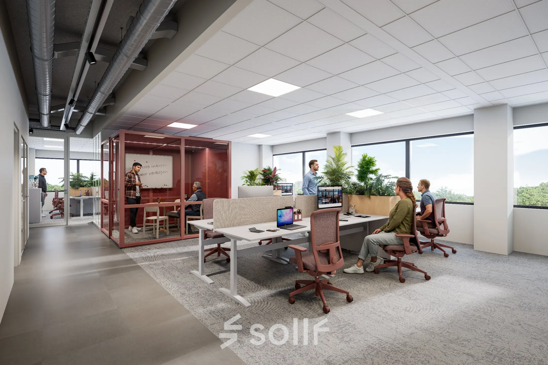 Modern office space rental at Luttenbergweg 8 in Amsterdam South East featuring seated individuals working at desks and collaborating in a glass-walled conference area.