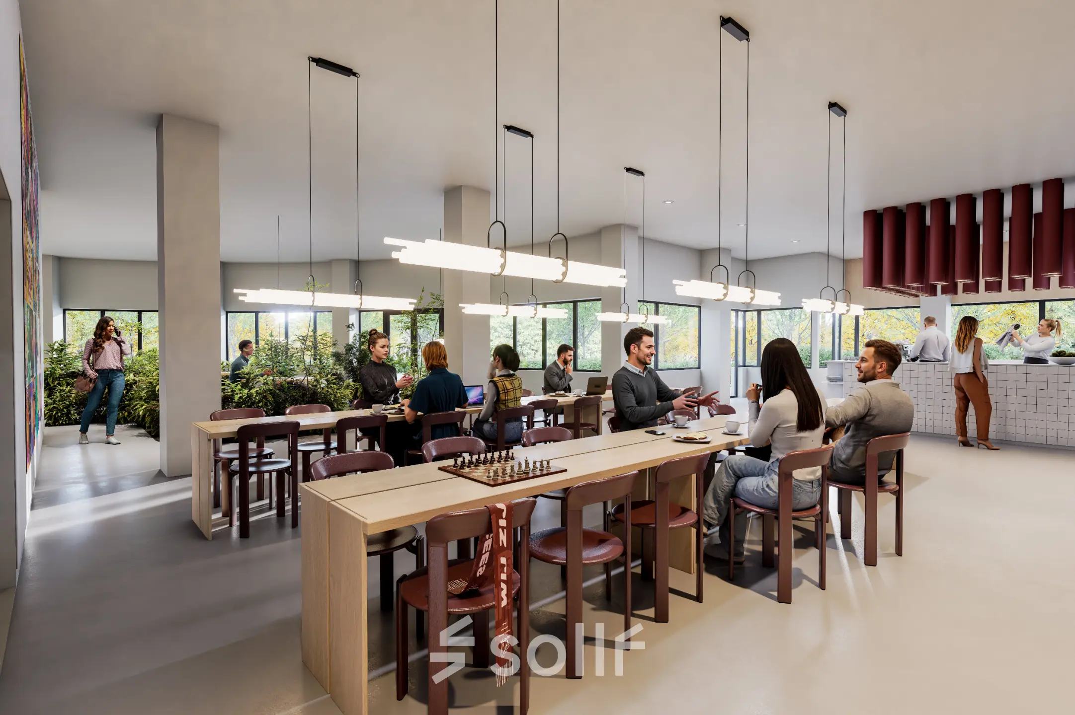 Spacious and modern workspace at Luttenbergweg 8, Amsterdam South East. People are engaged in business discussions around large wooden tables in a well-lit, furnished environment, ideal for office space rental.
