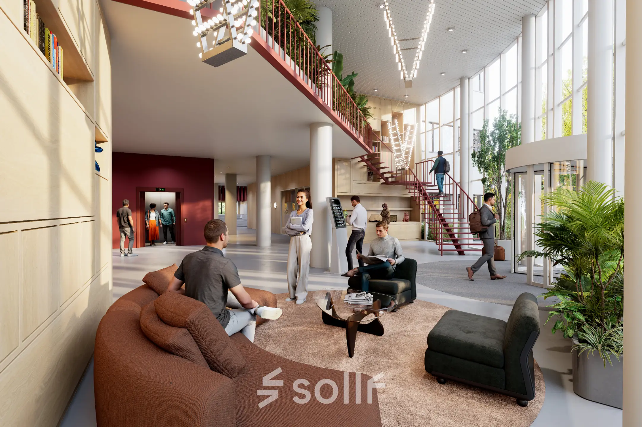 Interior view at Luttenbergweg 8, Amsterdam South East, showcasing a modern, furnished office space rental with people engaging in business activities like meetings and discussions.