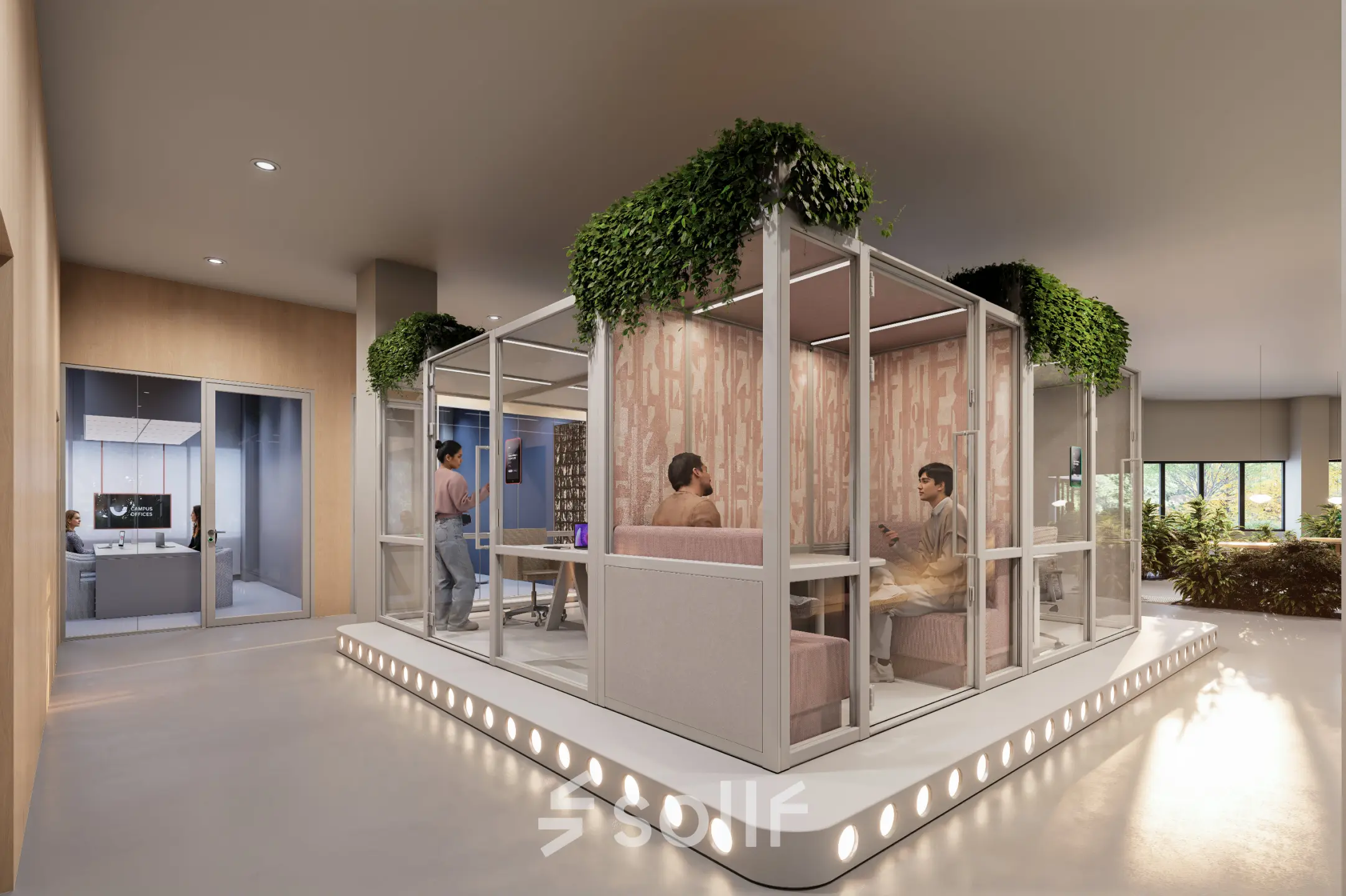 Modern office space at Luttenbergweg 8, Amsterdam South East, featuring stylish furniture and people engaged in collaborative discussions.