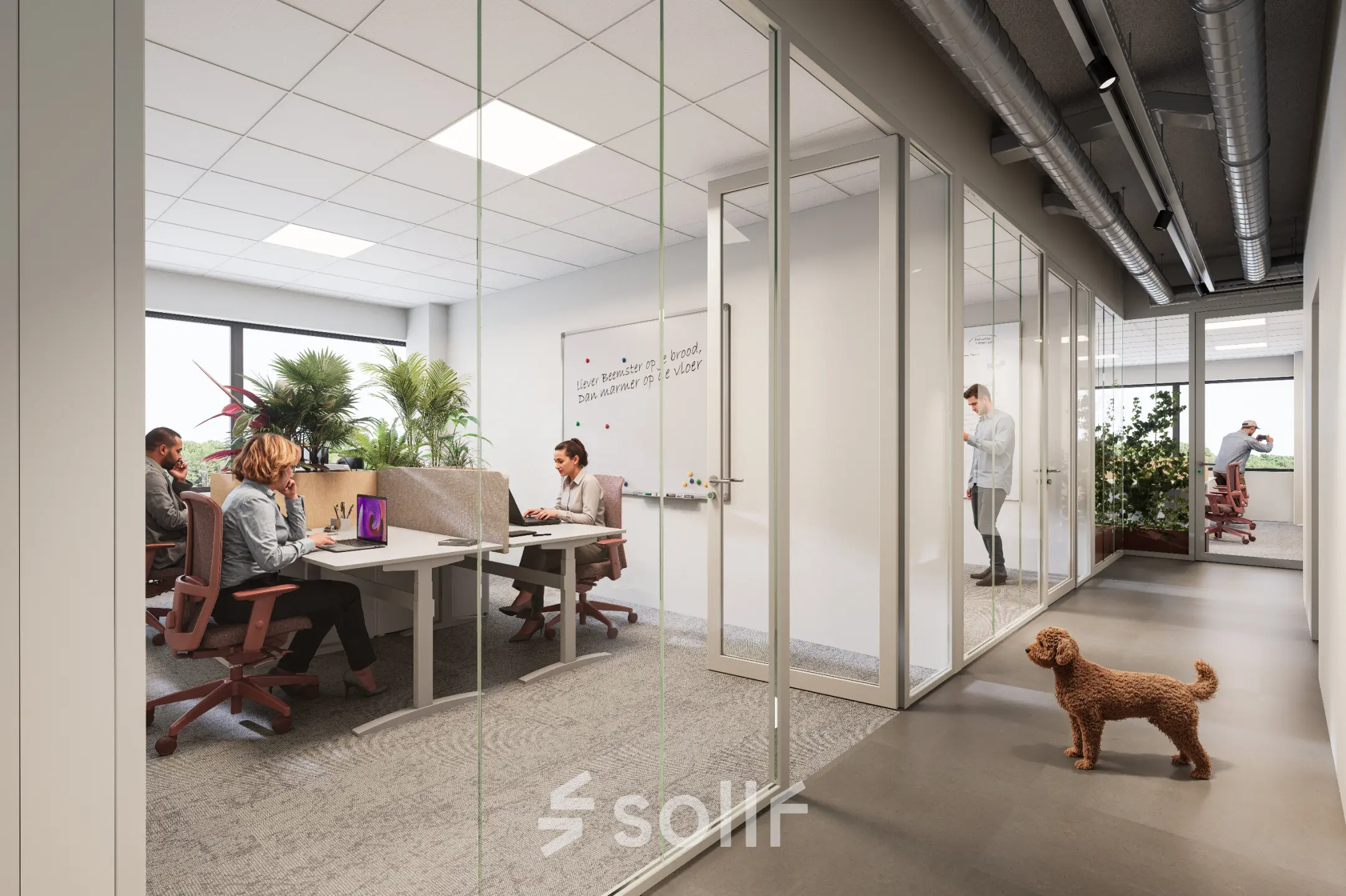 Office space for rent at Luttenbergweg 8, Amsterdam South East, featuring a modern workspace with glass partitions and natural light. Professionals engaging in meetings and discussions.