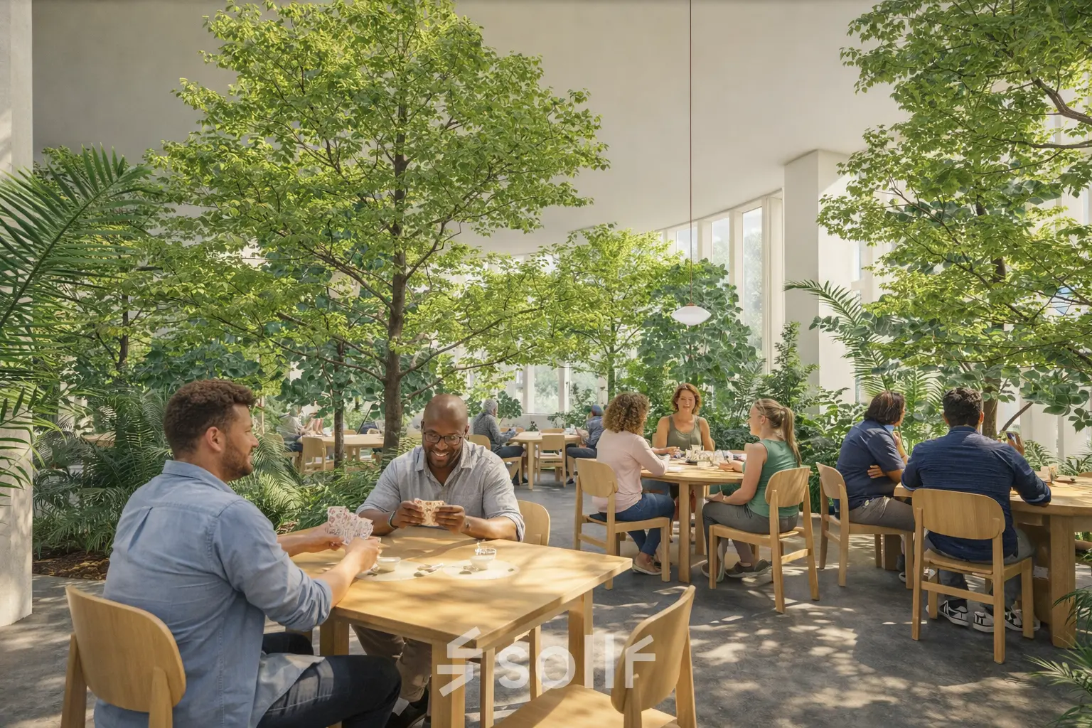 Bright office space with lush indoor greenery at Luttenbergweg 8, Amsterdam South East. People are engaged in discussions and work activities at wooden tables, adding vibrancy to office space rental atmosphere.