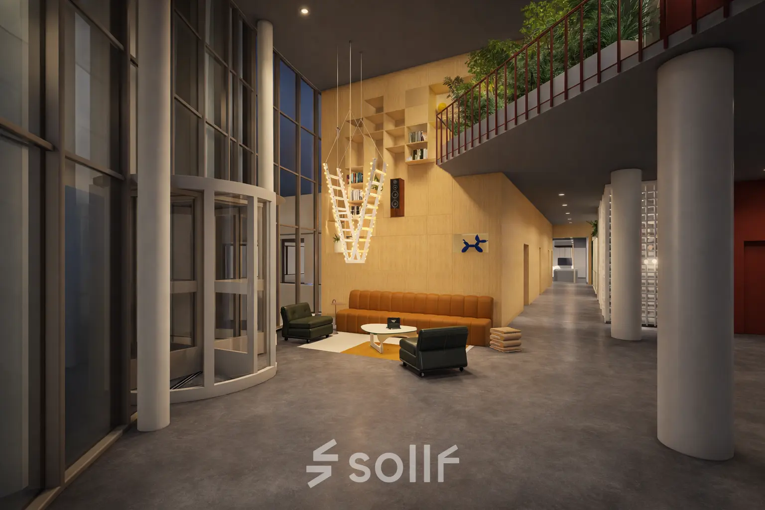 Spacious office entrance at Luttenbergweg 8, Amsterdam South East, featuring modern seating and tall windows, ideal for office space rental.