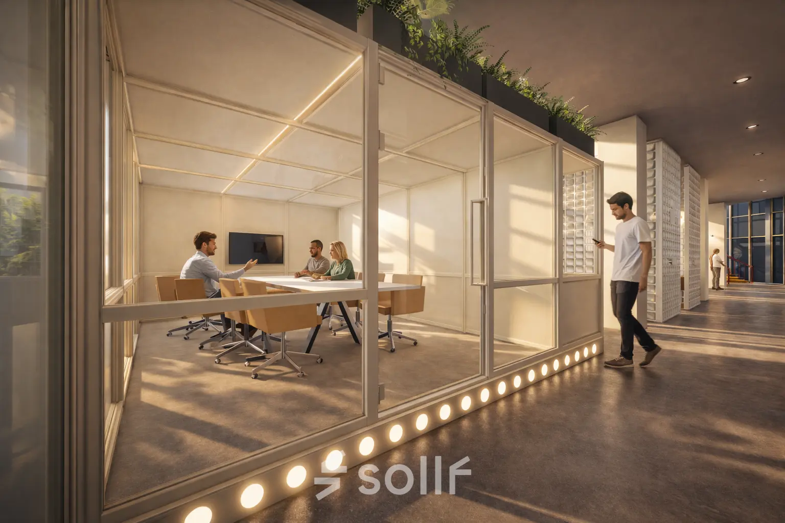 Office space rental at Luttenbergweg 8, Amsterdam South East, featuring a glass-enclosed meeting room where individuals discuss business matters.