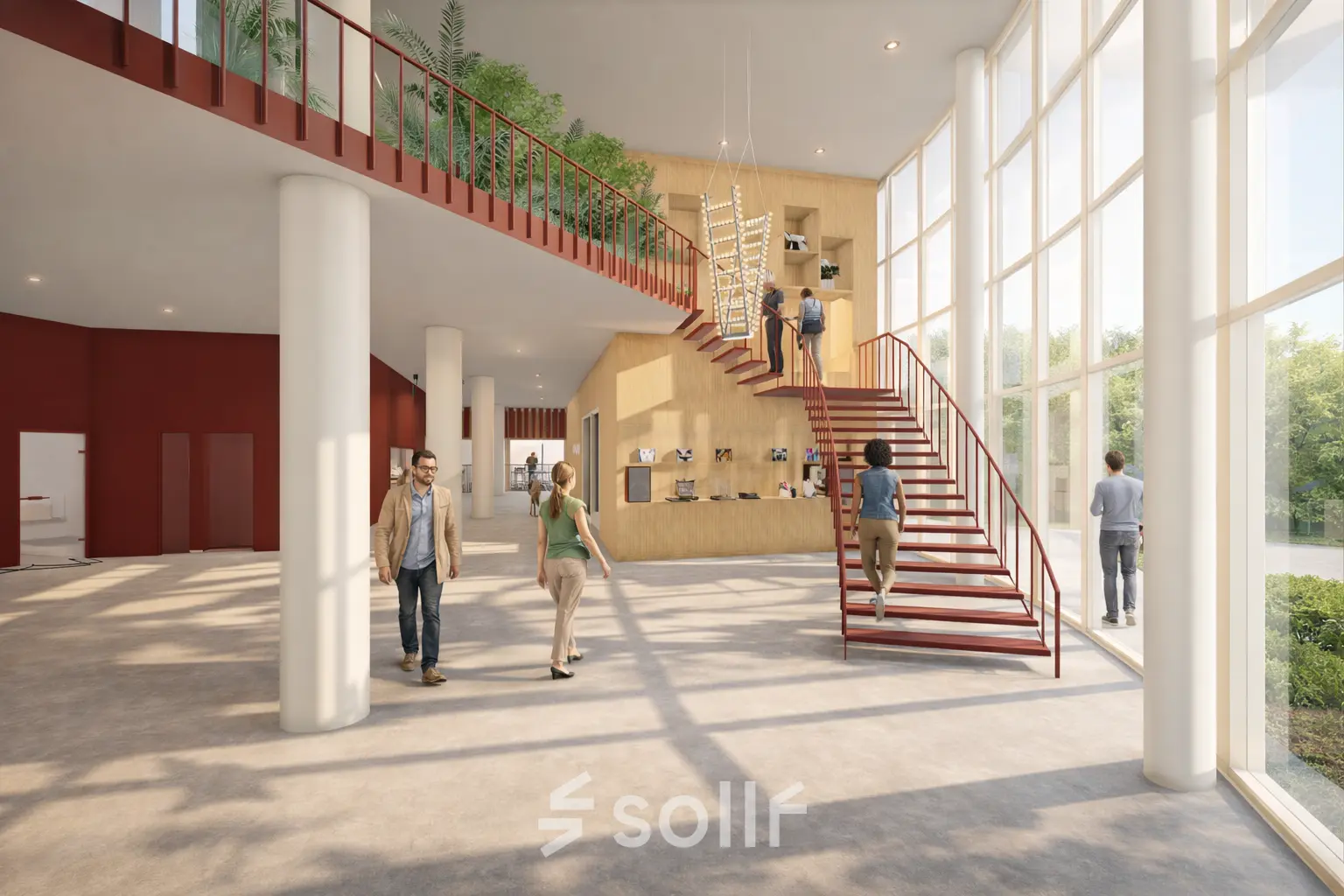 Spacious office interior at Luttenbergweg 8, Amsterdam South East, featuring a modern staircase and floor-to-ceiling windows. People are interacting and utilizing the open workspaces, perfect for office space rental.