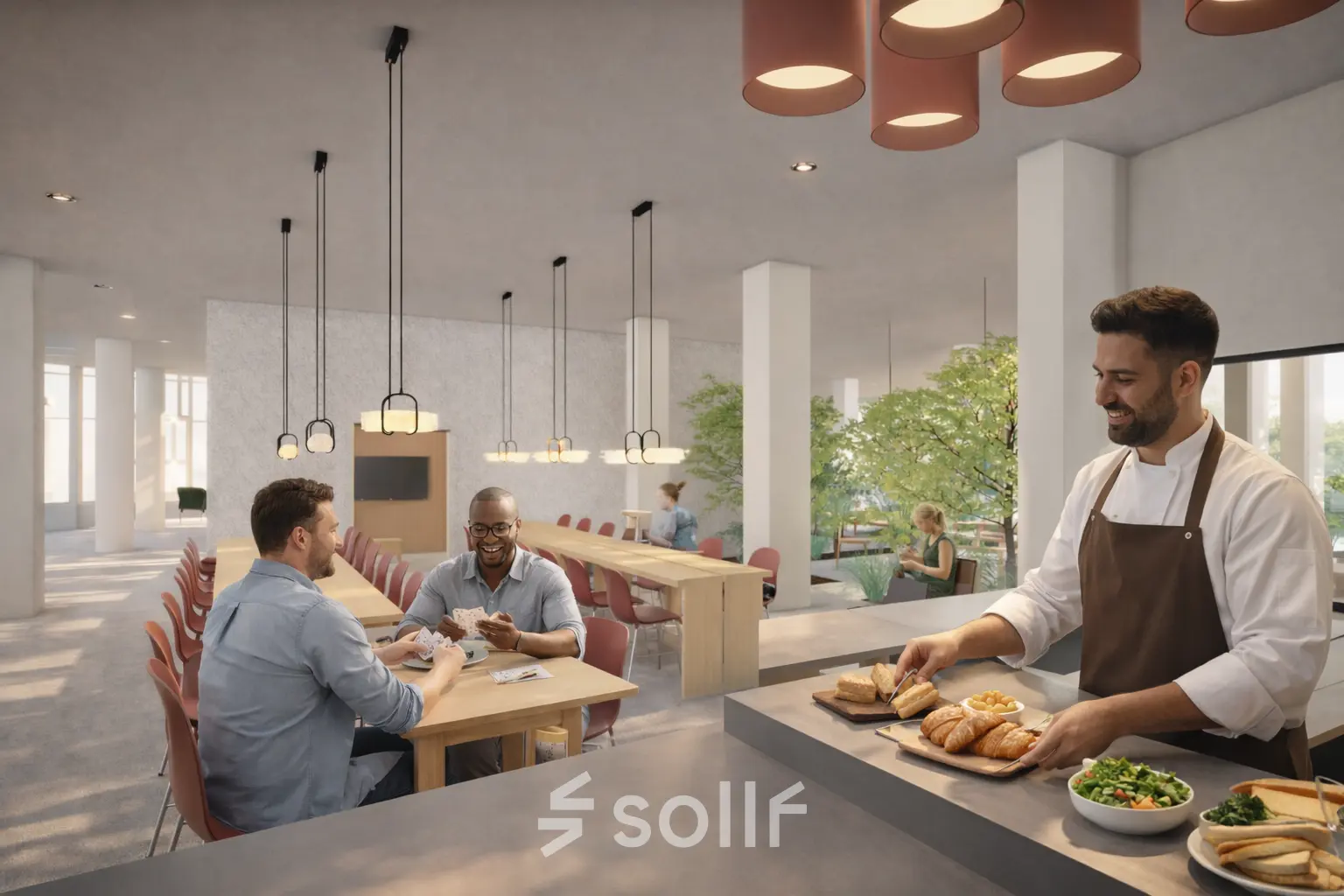 Office space in Amsterdam South East at Luttenbergweg 8 featuring a dining area where people engage in conversation and a chef preparing meals, available for office space rental.