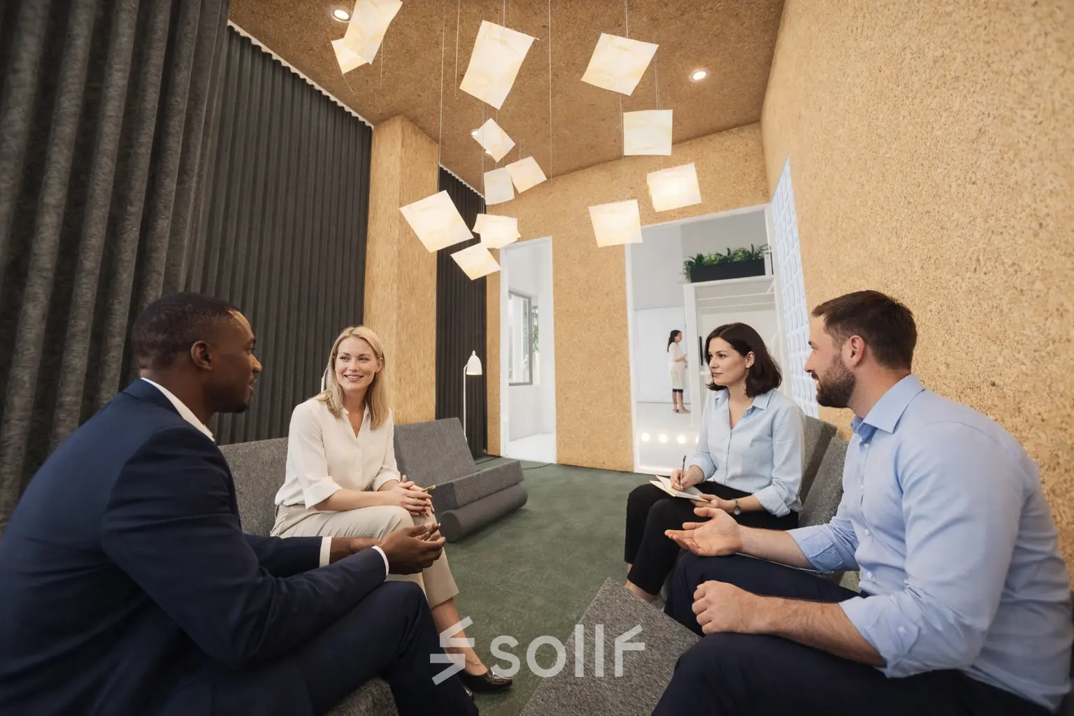 People engaged in a business discussion in a contemporary office with modern lighting at Luttenbergweg 8, Amsterdam South East. Ideal office space rental for professionals.