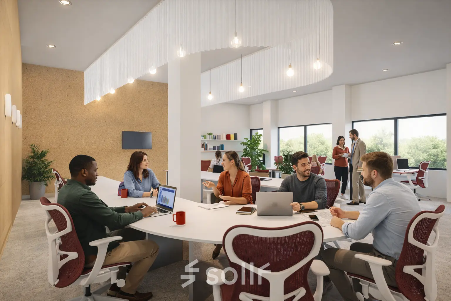 Modern office space rental at Luttenbergweg 8, Amsterdam South East, featuring a collaborative workspace with people engaged in discussions around a table, surrounded by natural light from large windows.