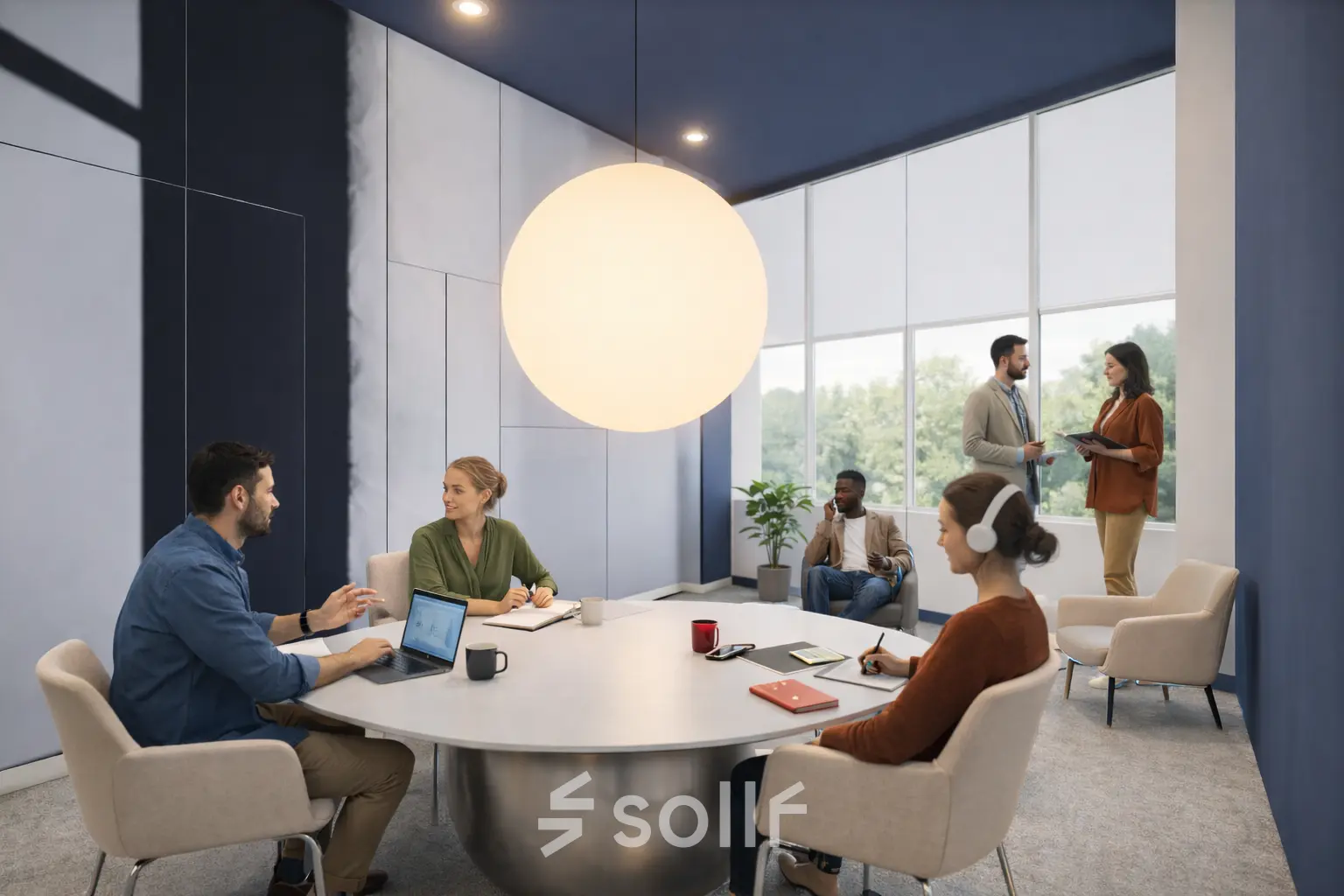 Professionals engaged in discussion and collaboration at a modern office's round table in Amsterdam South East, suitable for office space rental.