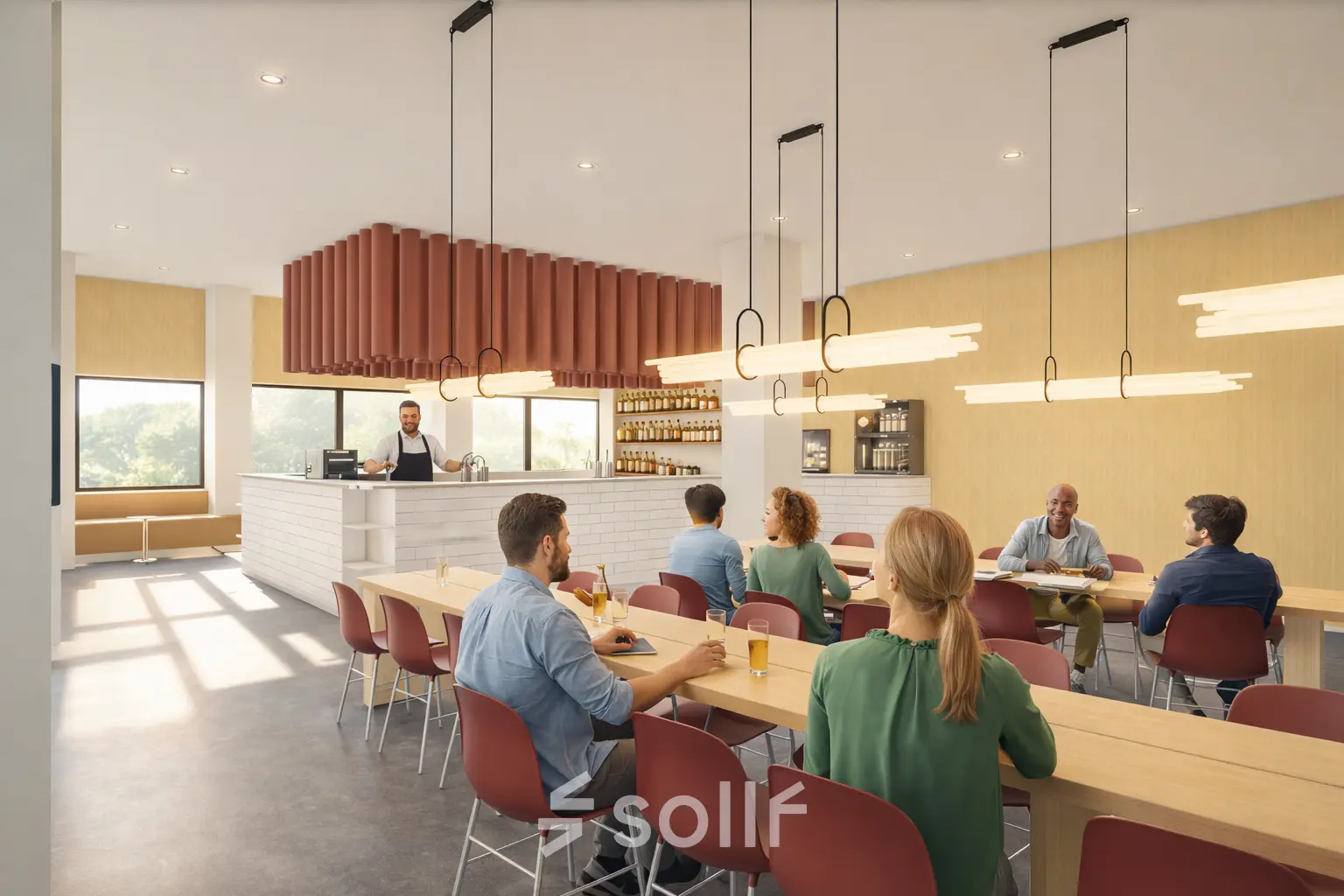 Professionals seated at long tables in a well-lit, modern lounge at the Luttenbergweg 8 office in Amsterdam South East, ideal for rent office space.