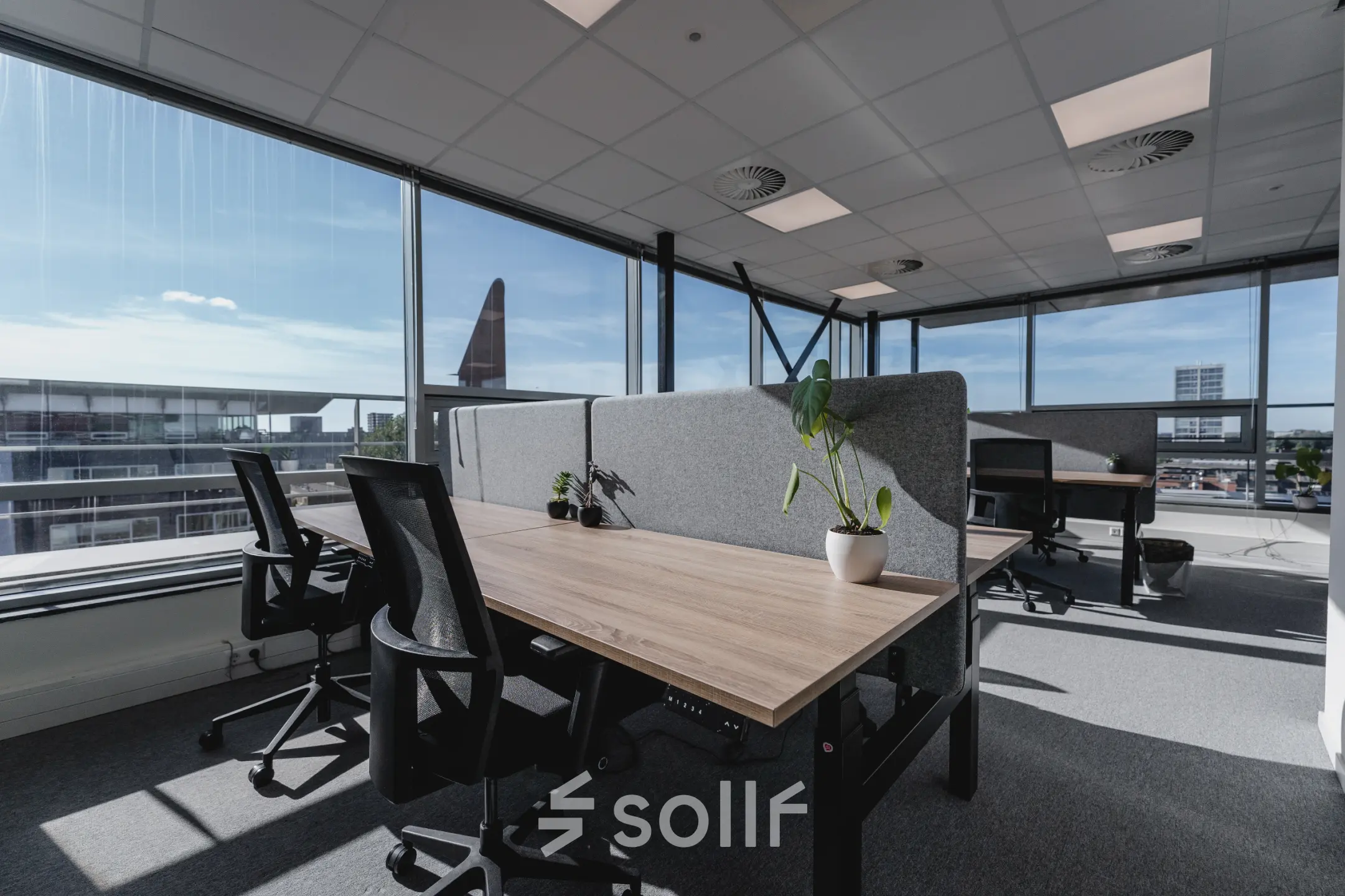 Bright office space with large windows and desks at Bos en Lommerplein 280, ideal for office space rental in Amsterdam West.