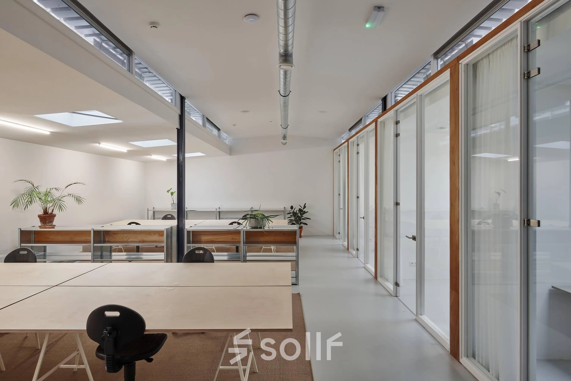 Spacious and modern office interior at Hondiusstraat 7H, Amsterdam West, featuring open workspaces with desks, chairs, and natural light, ideal for office space rental. Bright, clean design with plants adding a touch of greenery.