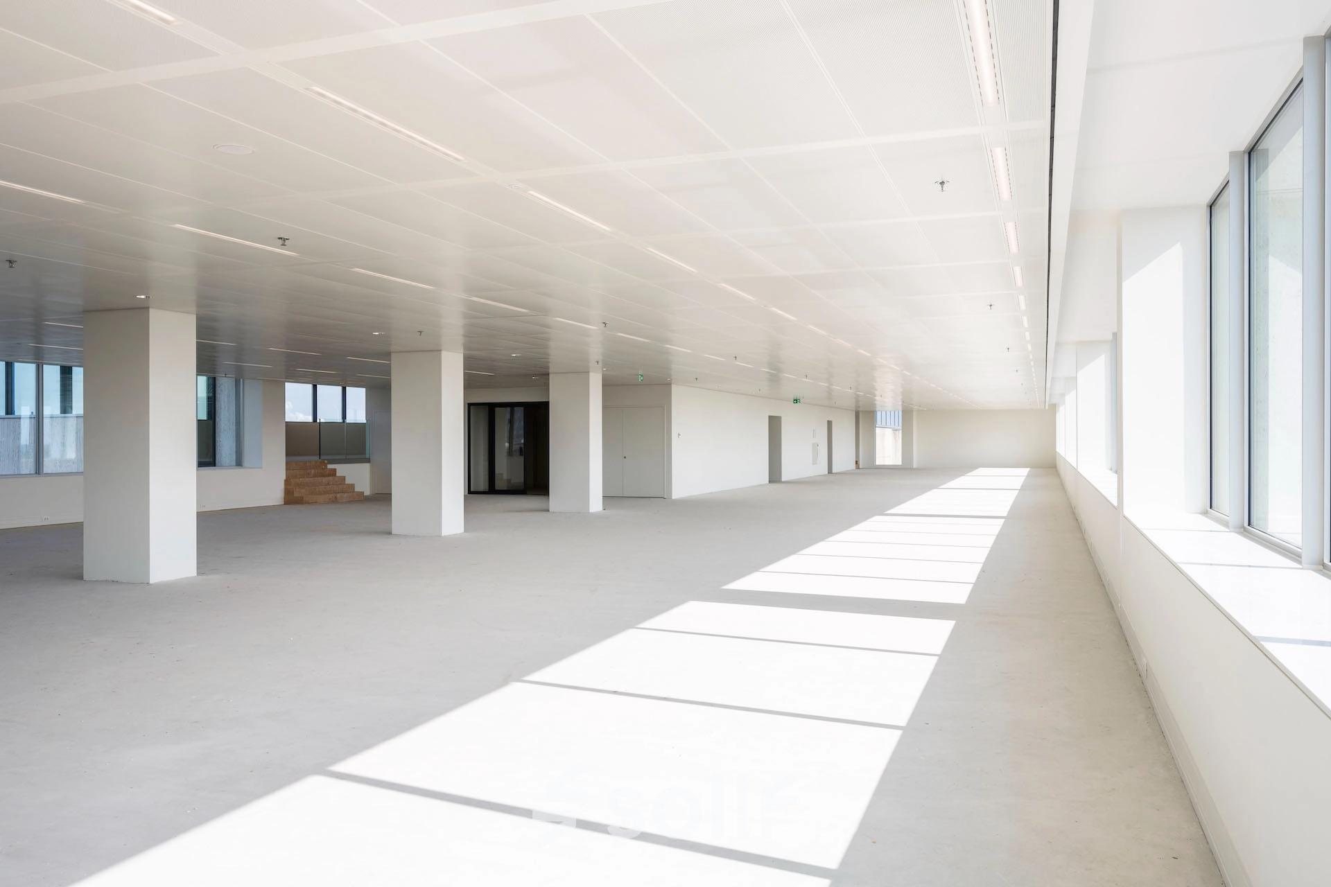 Bright, unfurnished open floor plan office to rent at Nachtwachtlaan 20, Amsterdam West, featuring large windows and ample natural light.