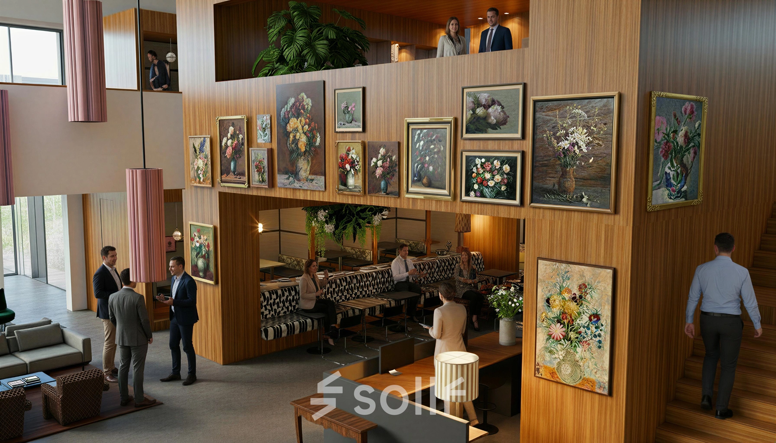 Modern office space with art-adorned wooden walls and people in business discussions, ideal for office space rental in Amsterdam Zuidas.