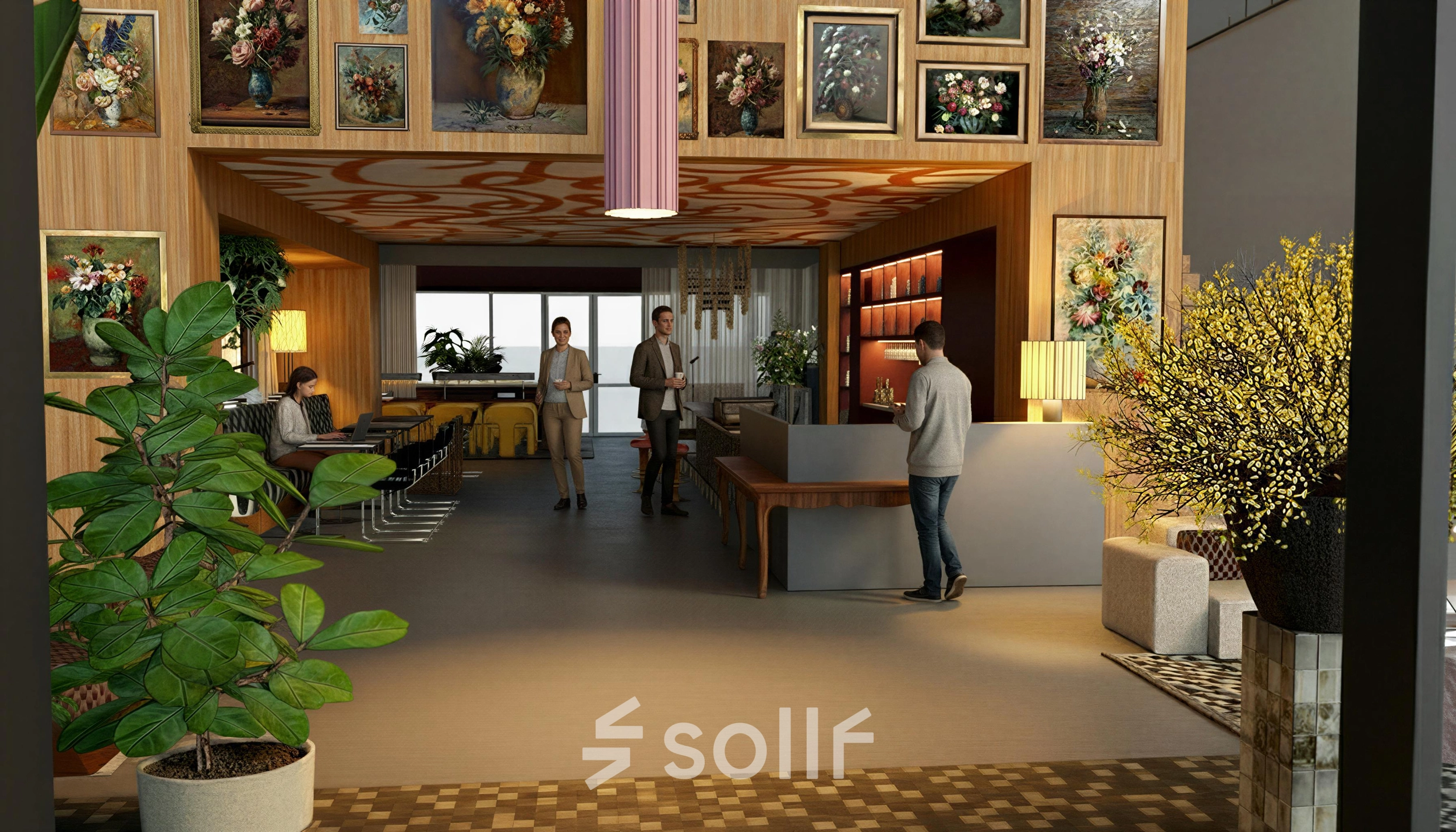Stylish office space with art-adorned walls, where people are engaged in conversation and work activities. Ideal office space rental in Amsterdam Zuidas.