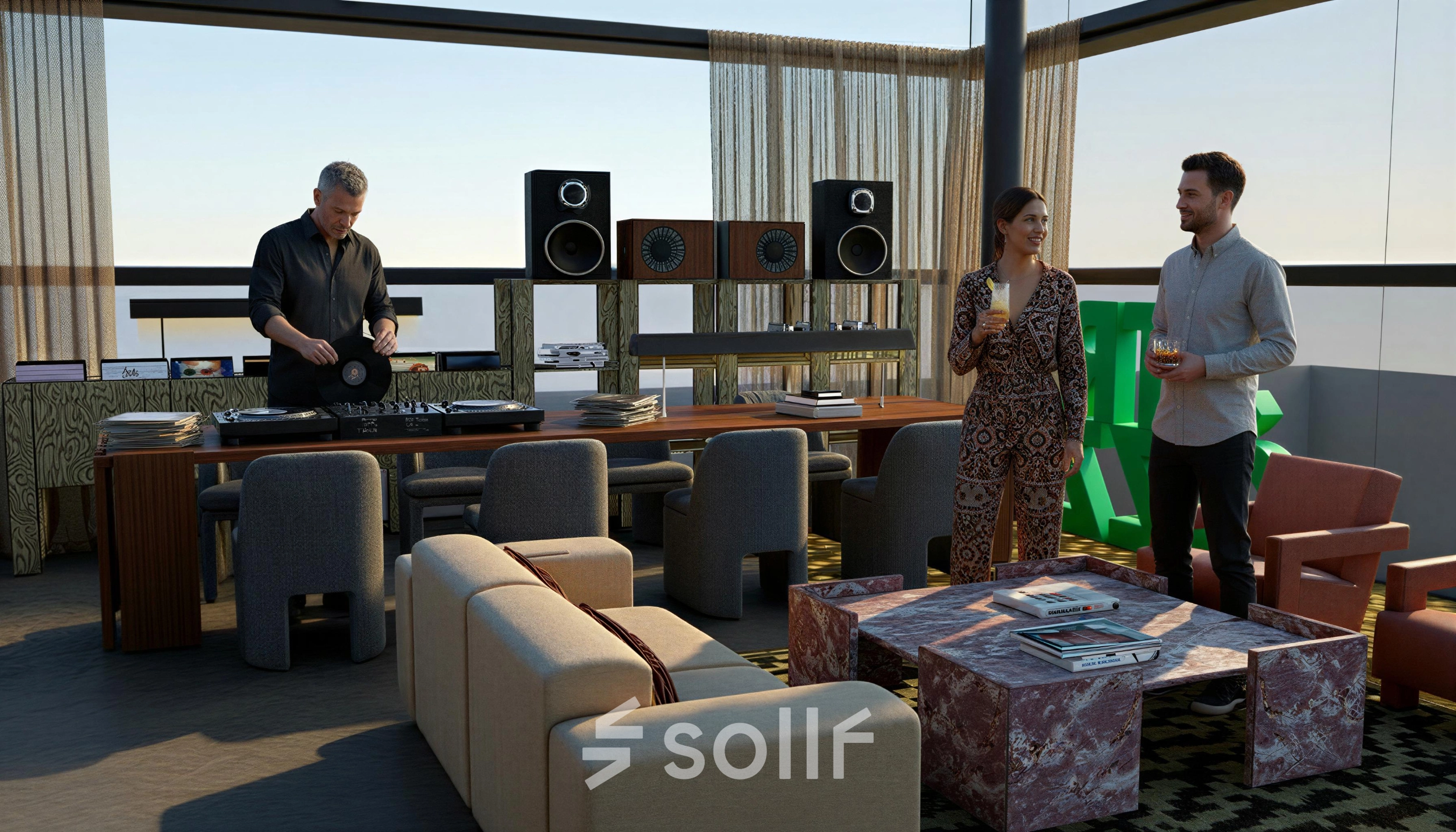 Stylish office space for rent at Barbara Strozzilaan 101 101, Amsterdam Zuidas. Features a modern lounge with DJ playing music, and two people conversing, enhancing this office space rental.