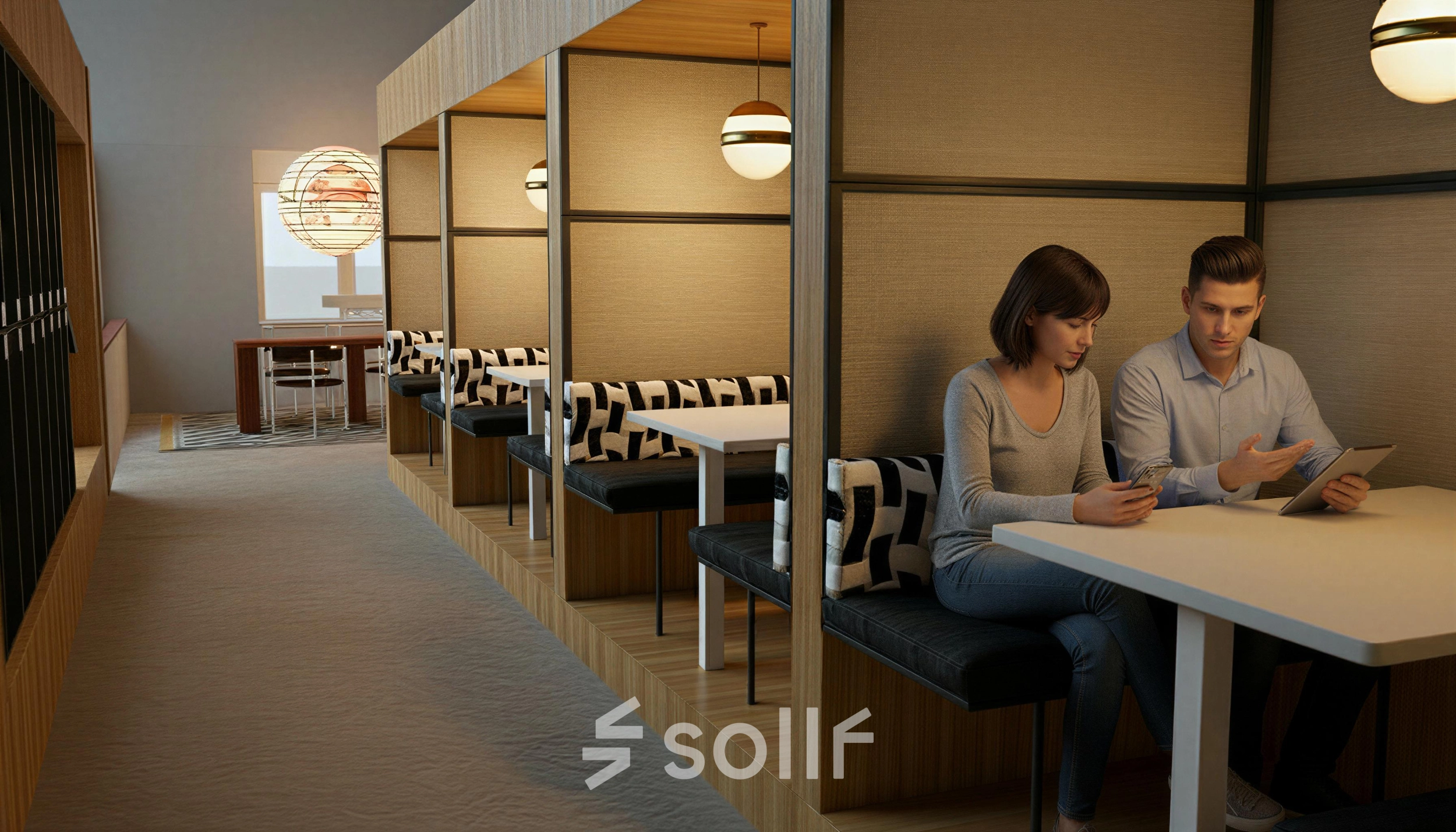 Cozy office space rental at Barbara Strozzilaan 101 101 in Amsterdam Zuidas, featuring booth seating with two people engaged in business activities.