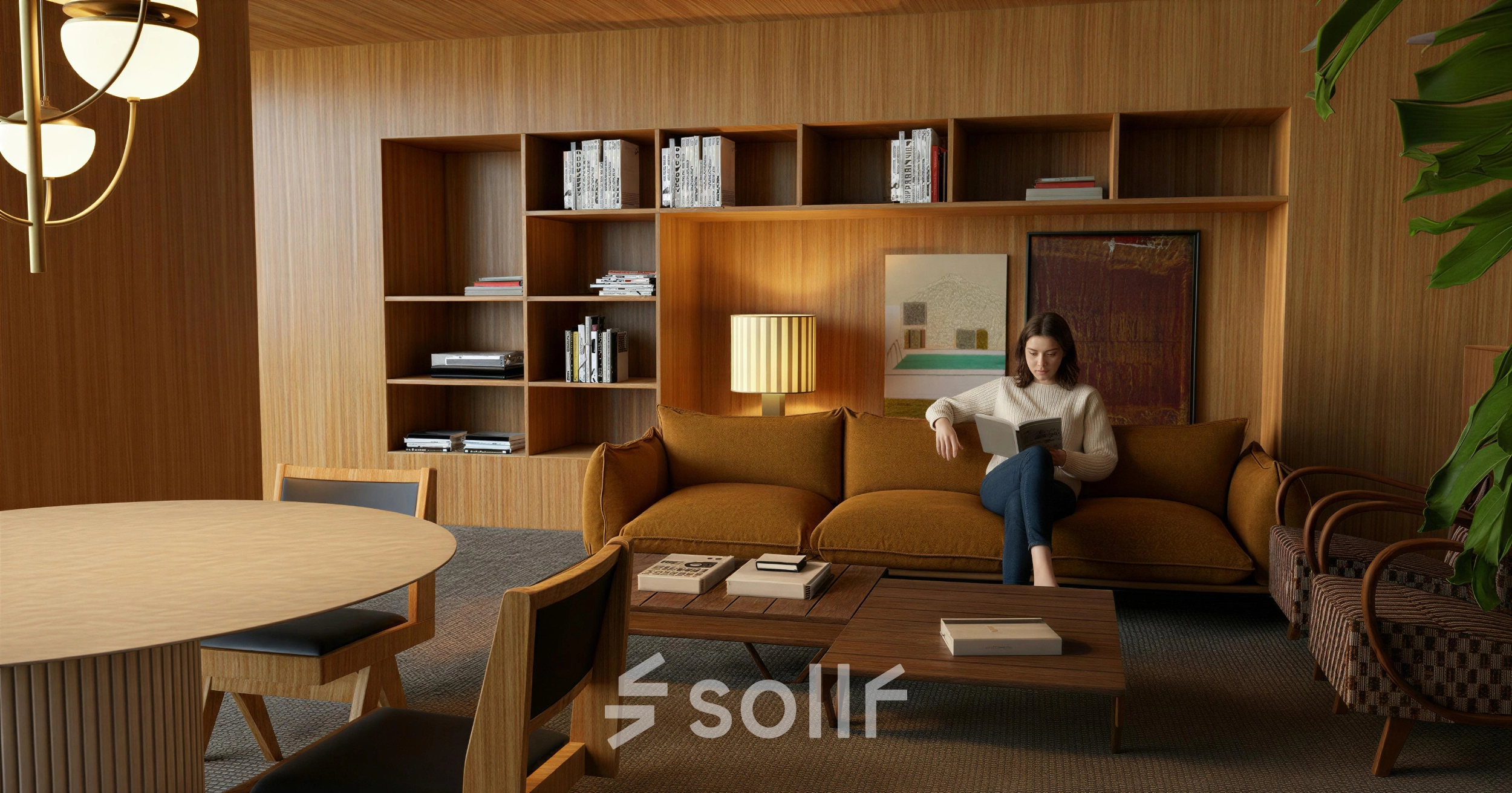 Comfortable office lounge in Amsterdam Zuidas with stylish wooden furniture and person reading, ideal for office space rental.