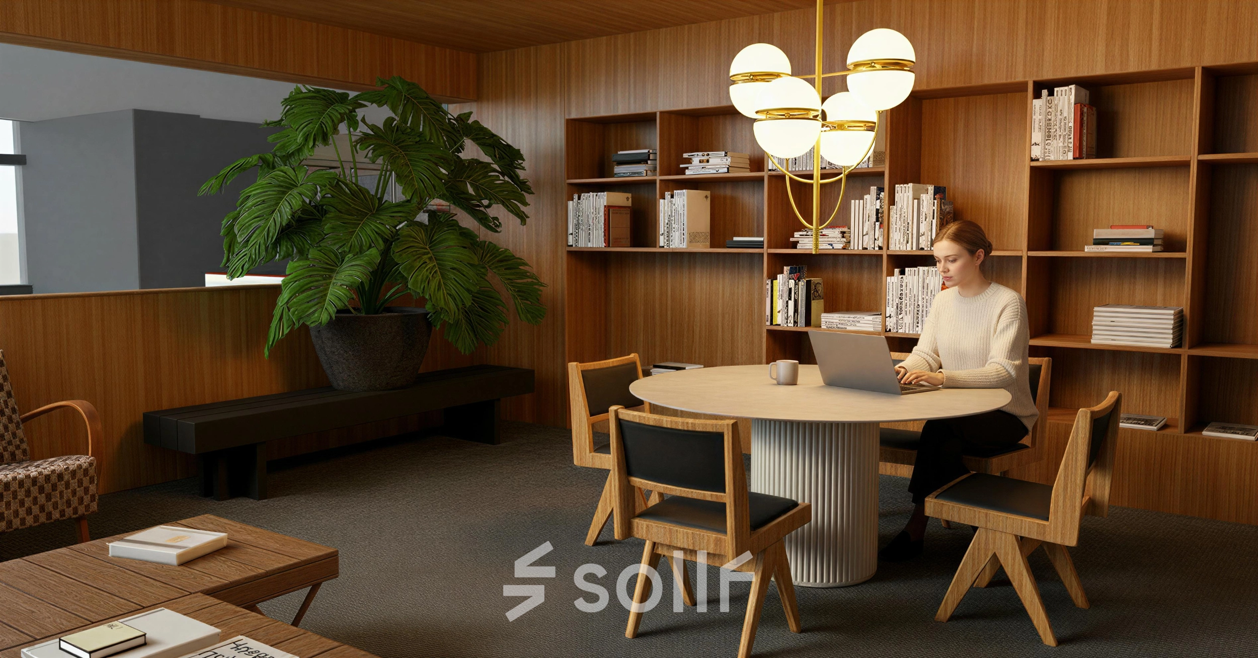 A furnished office at Barbara Strozzilaan 101, Amsterdam Zuidas, features wooden decor, bookshelves, a round table, and a person working on a laptop. Ideal for office space rental.