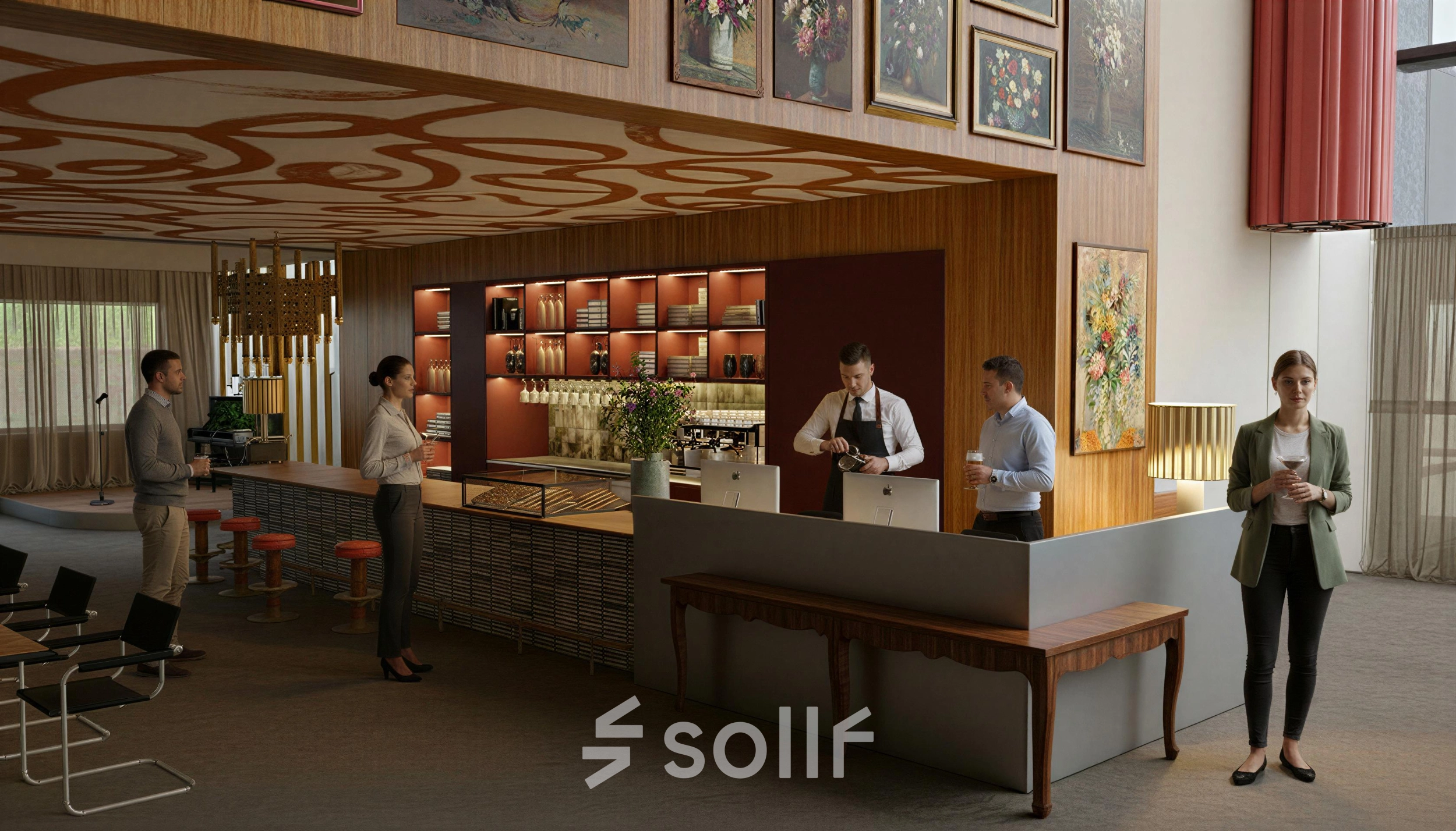 Spacious office to rent at Barbara Strozzilaan 101 101, Amsterdam Zuidas, featuring a stylish coffee bar with professionals engaged in discussions and work activities.