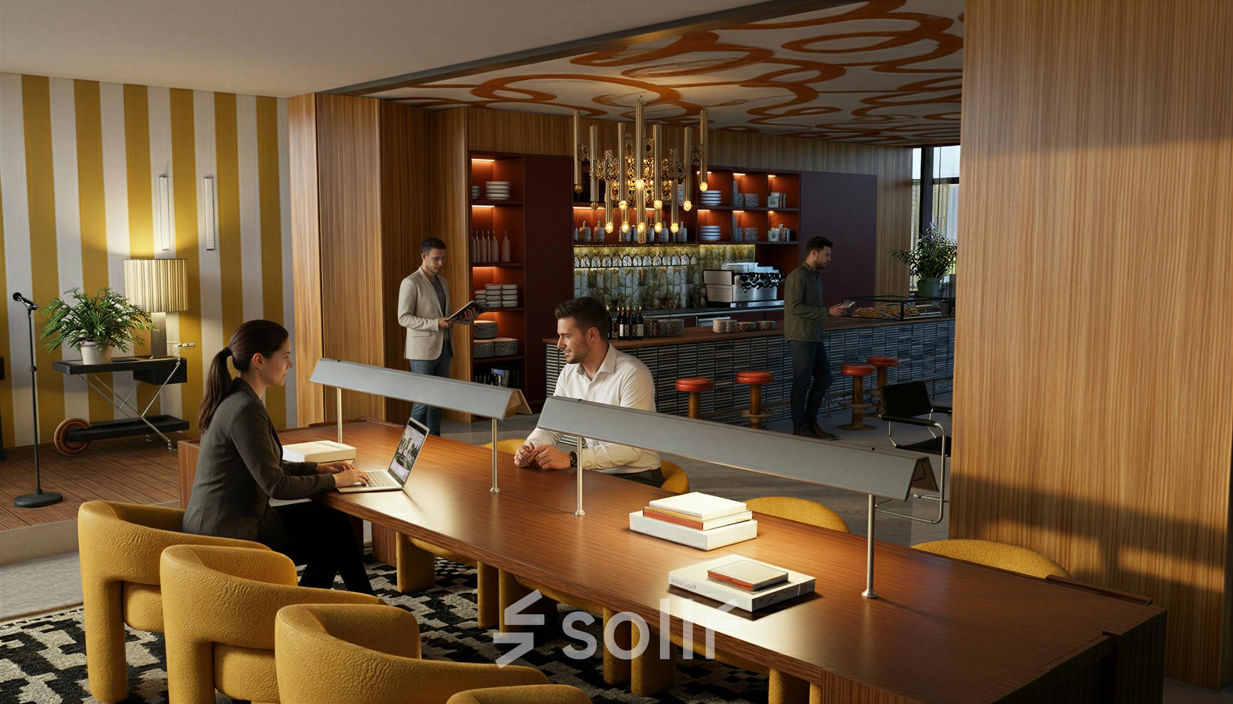 Modern workspace at Barbara Strozzilaan 101 101, Amsterdam Zuidas, featuring a cozy meeting area and a stylish bar. People are engaged in discussions and work. Ideal office space rental opportunity.