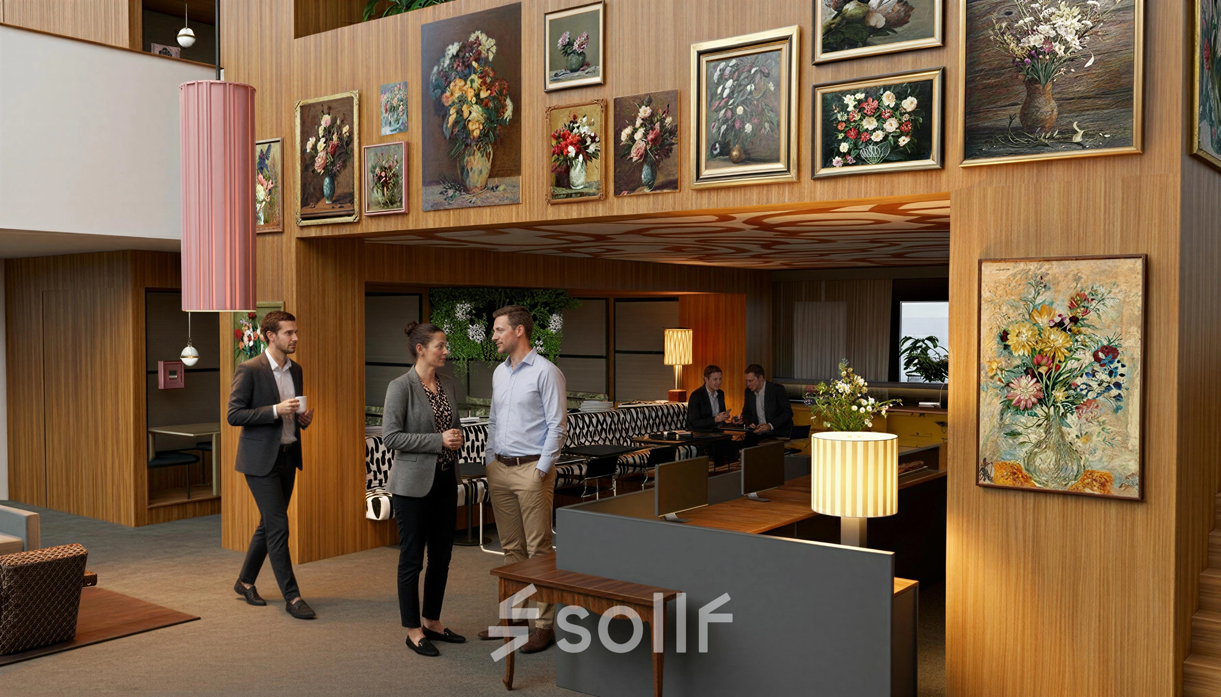 Modern office space in Amsterdam Zuidas, featuring stylish decor and people engaged in discussions, perfect for office space rental needs.