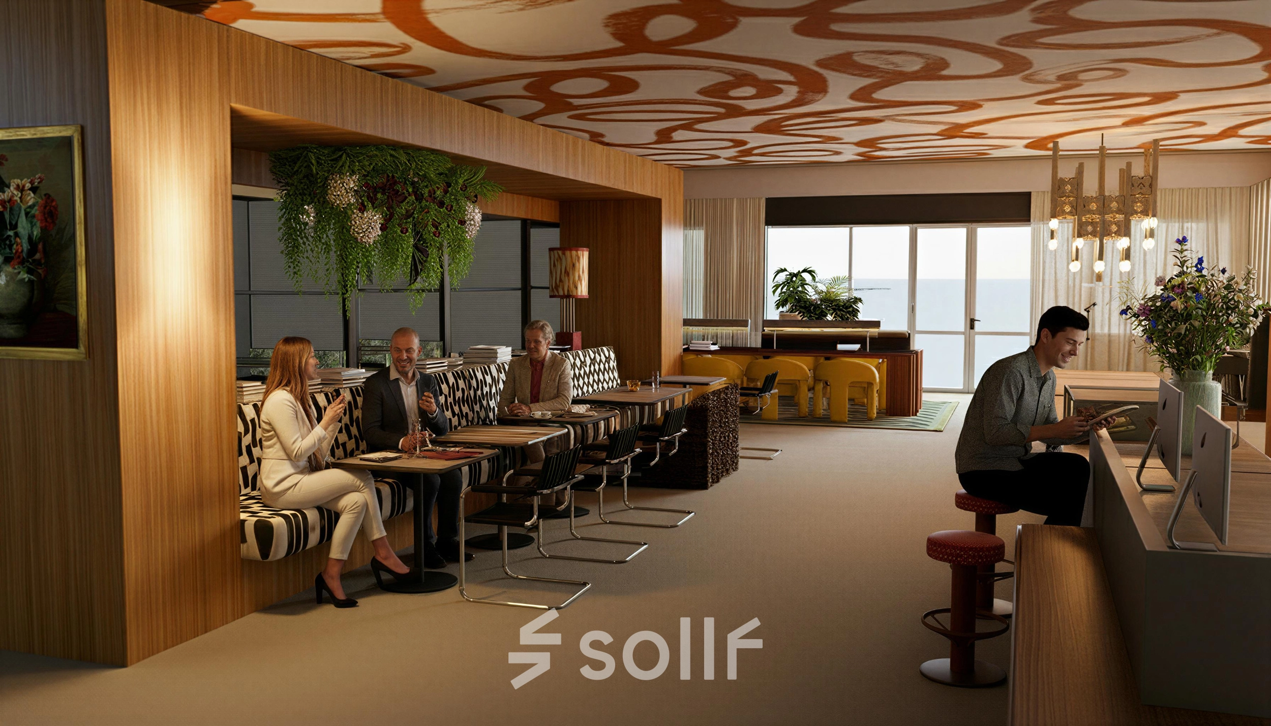 Modern office space at Barbara Strozzilaan 101 101 in Amsterdam Zuidas, featuring professionals collaborating in a stylish lounge area with seating and computer stations perfect for office space rental.