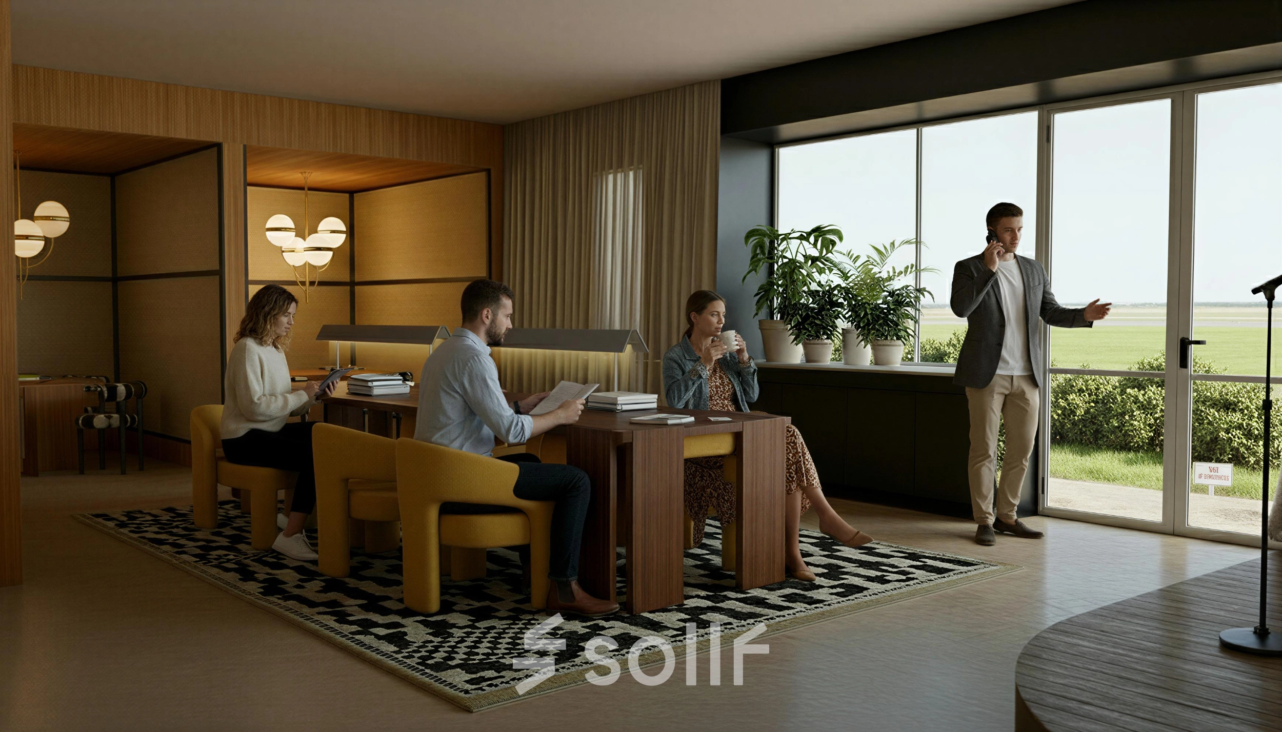Rent office space at Barbara Strozzilaan 101 101, Amsterdam Zuidas. People engaged in various business activities in a furnished, well-lit workspace with large windows.