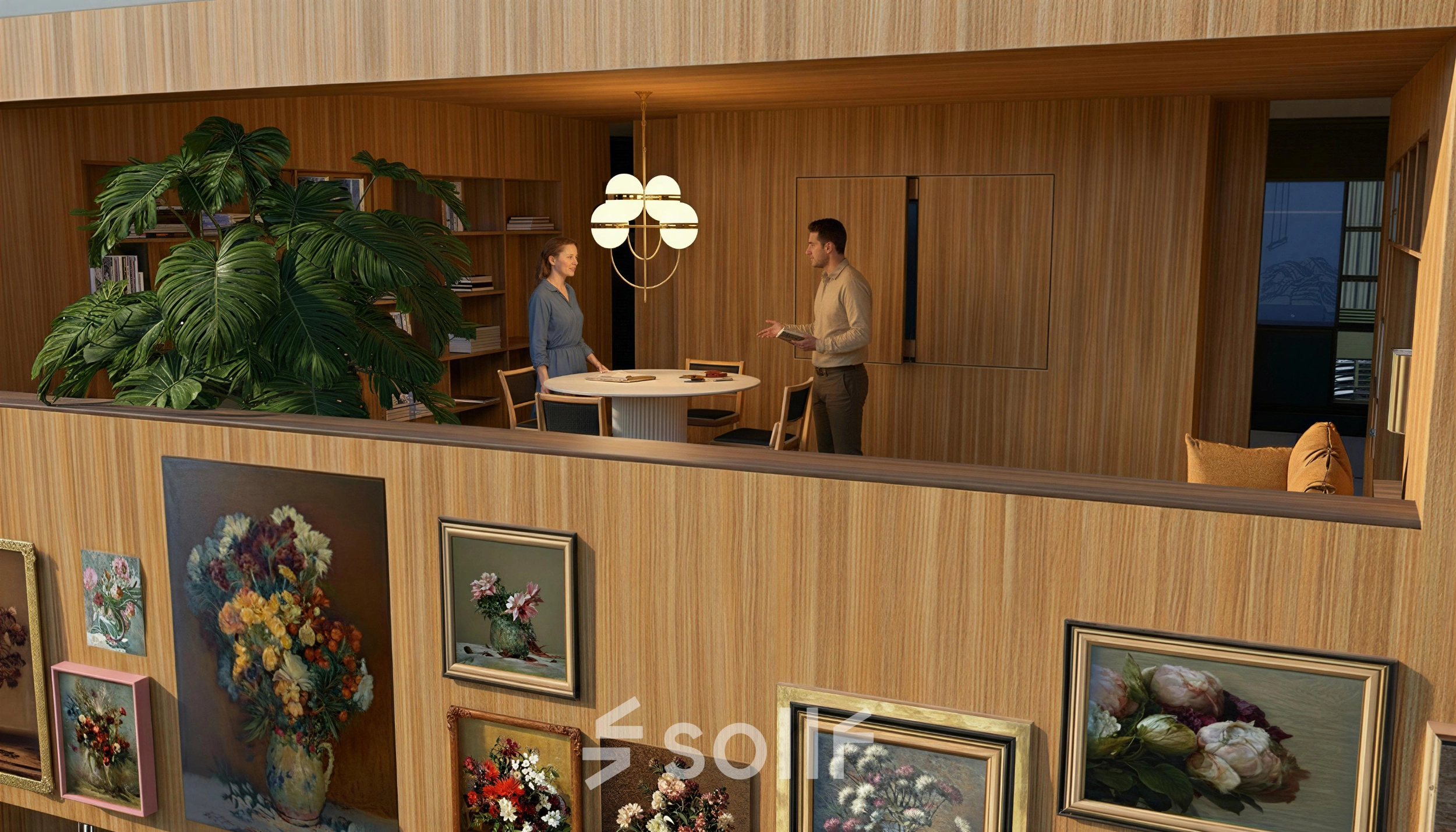 Two individuals have a meeting at a round table in a tastefully decorated office with wood paneling at Barbara Strozzilaan 101 101, Amsterdam Zuidas. Ideal for rent office space seekers.