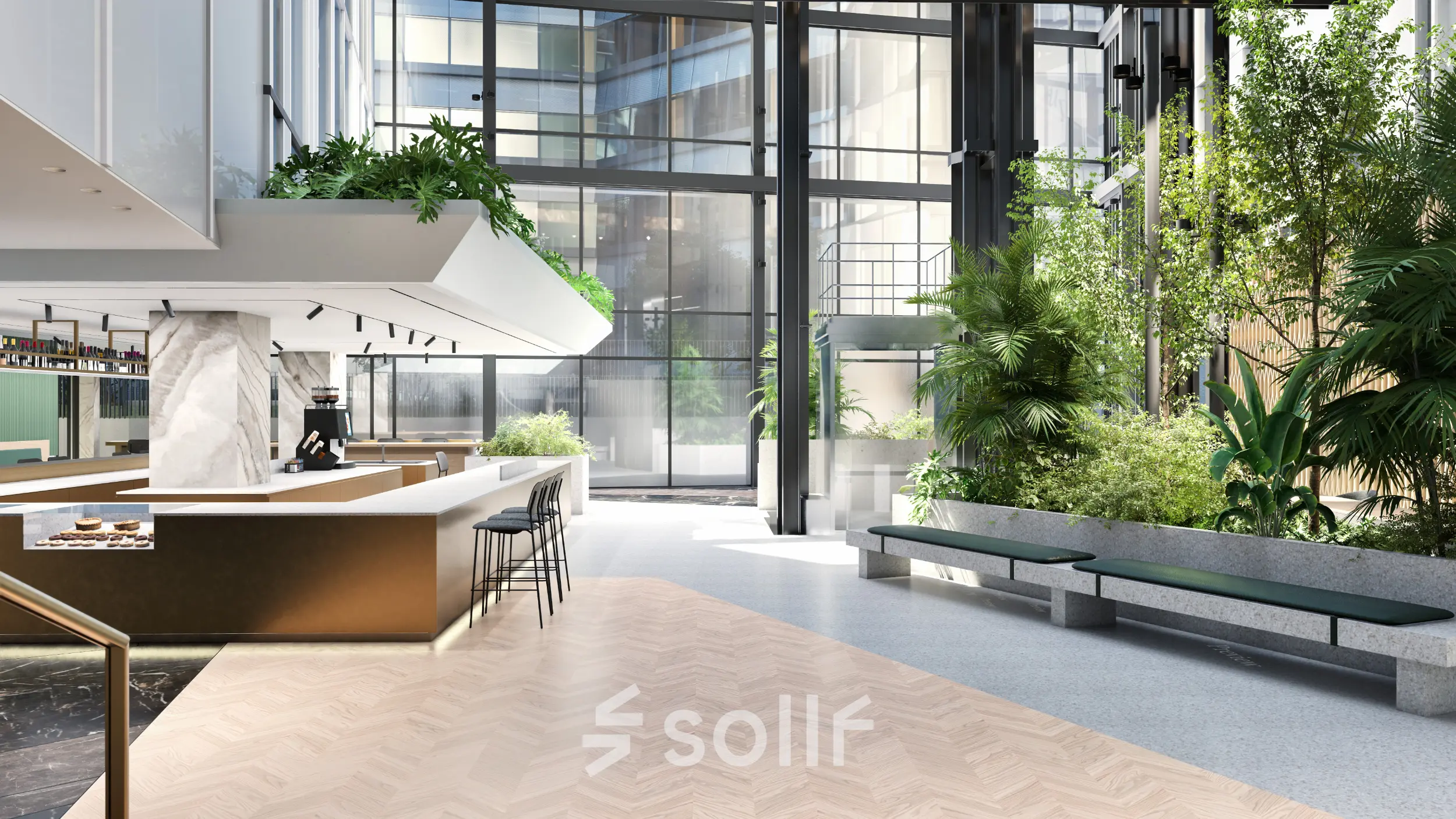 Modern office space in Amsterdam Zuidas with greenery, sleek seating, and a spacious design. Ideal for office space rental.