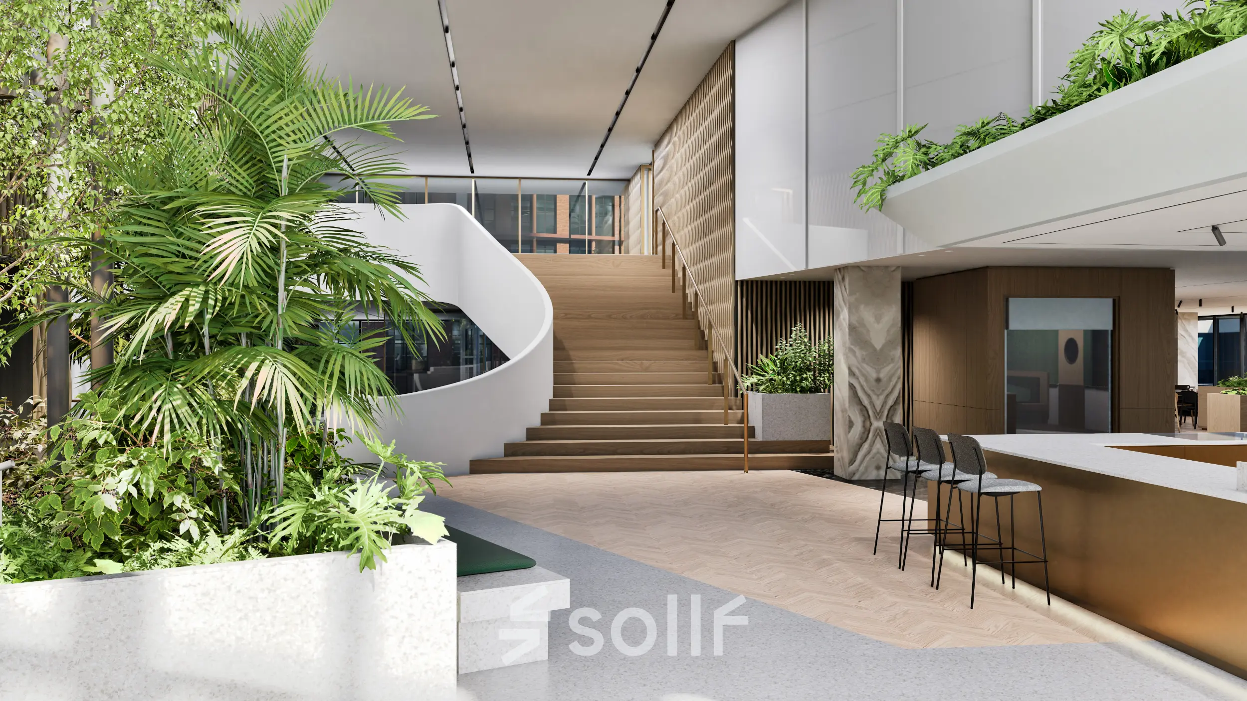 Bright, modern office at Claude Debussylaan 80-134, Amsterdam Zuidas, featuring a stylish staircase, lush greenery, and sleek seating area, ideal for office space rental.