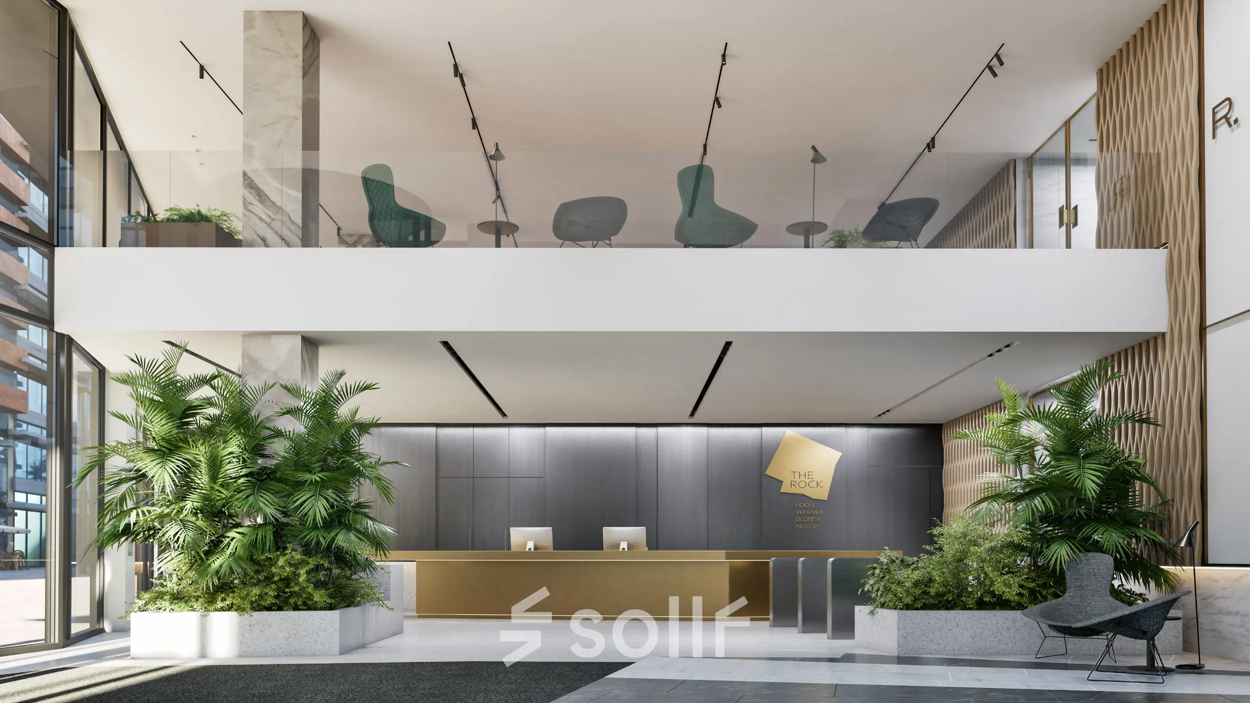 Modern reception area at Claude Debussylaan 80-134, Amsterdam Zuidas, perfect for office space rental with stylish furnishings and lush greenery.