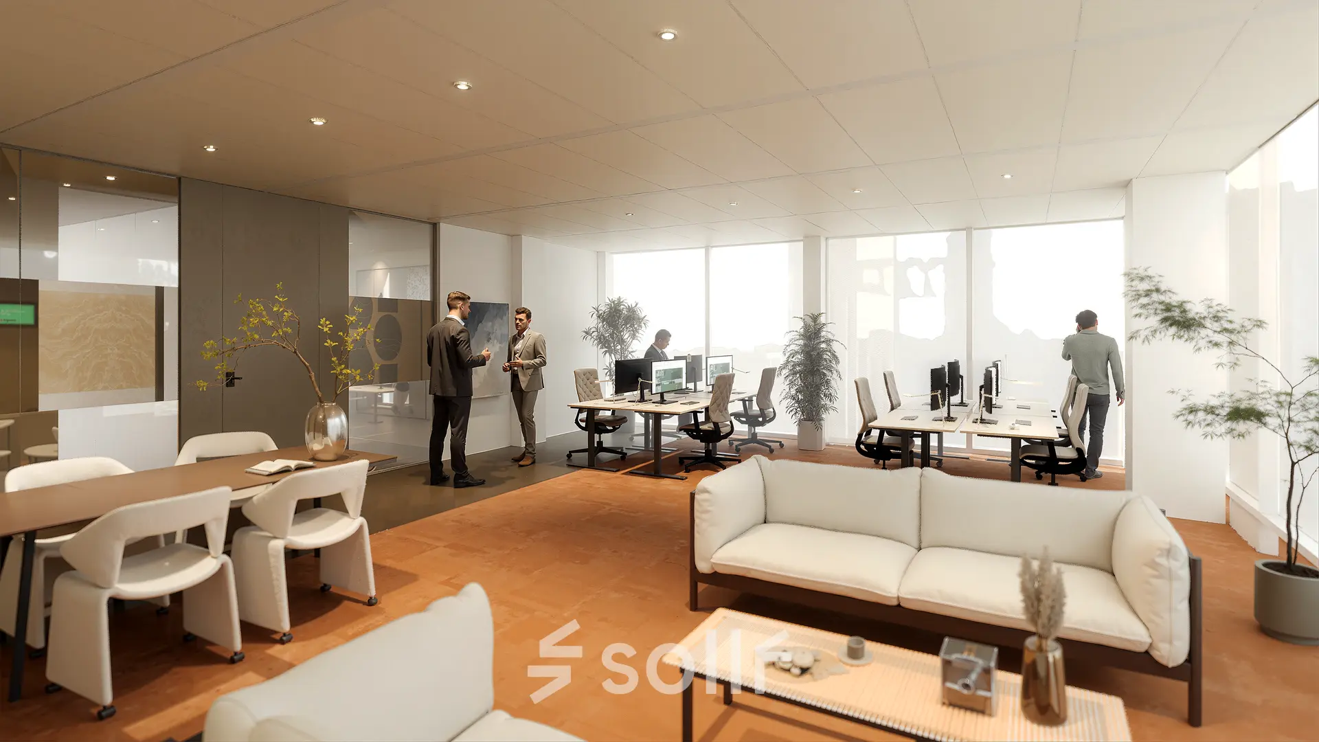 Modern office space at Claude Debussylaan 80-134 in Amsterdam Zuidas with people engaging in meetings and working at desks. Ideal for office space rental.