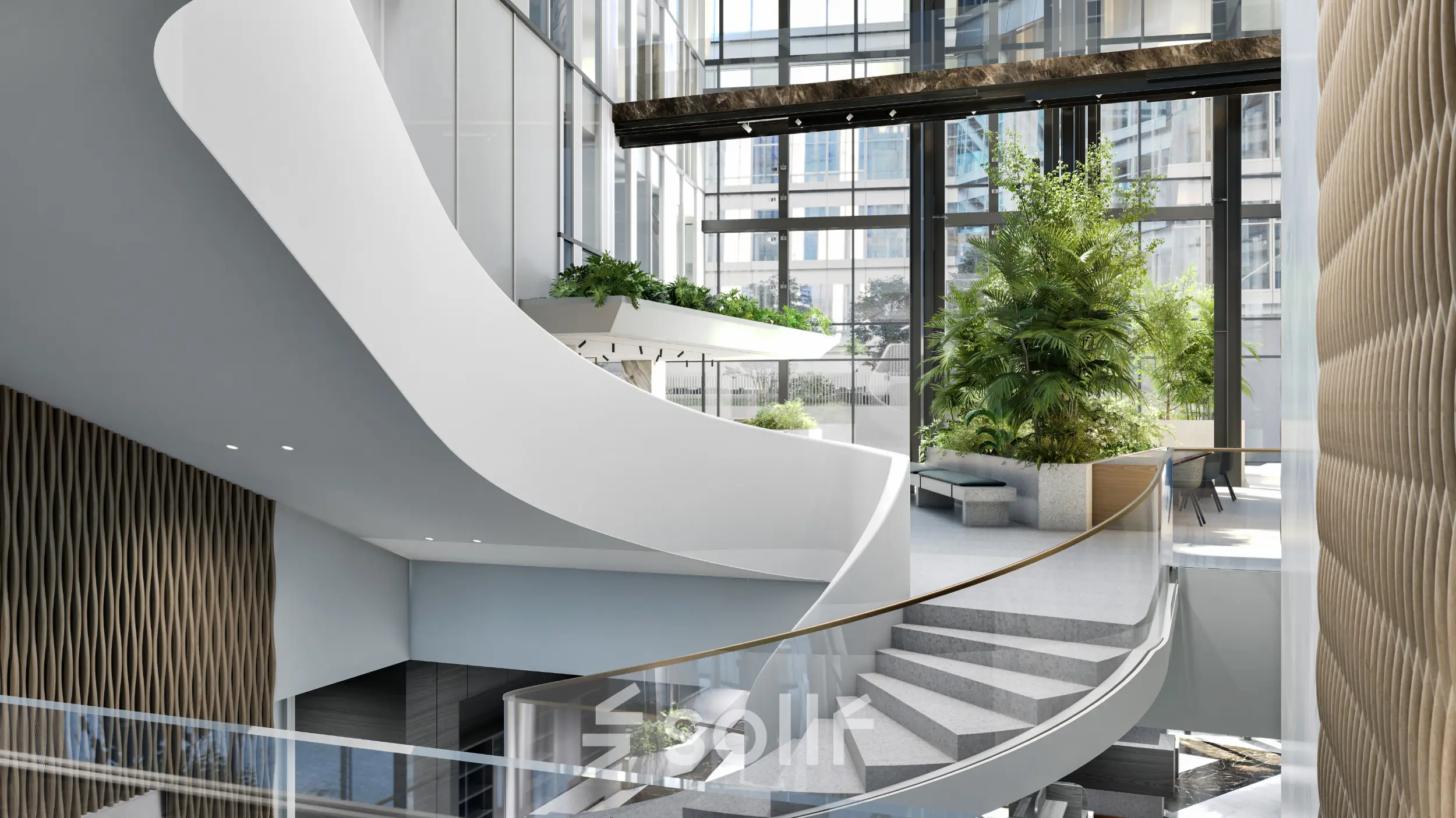 Bright office interior at Claude Debussylaan 80-134, Amsterdam Zuidas, featuring modern architecture, open stairway, and lush plants, perfect for office space rental with a refreshing ambiance.