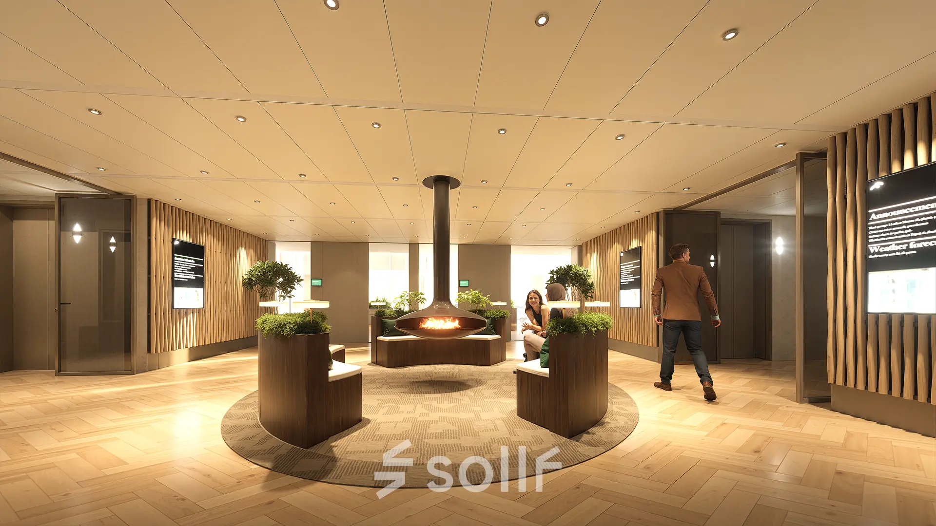 Modern office interior at Claude Debussylaan 80-134 in Amsterdam Zuidas with stylish seating and a central fireplace, ideal for rent office space.