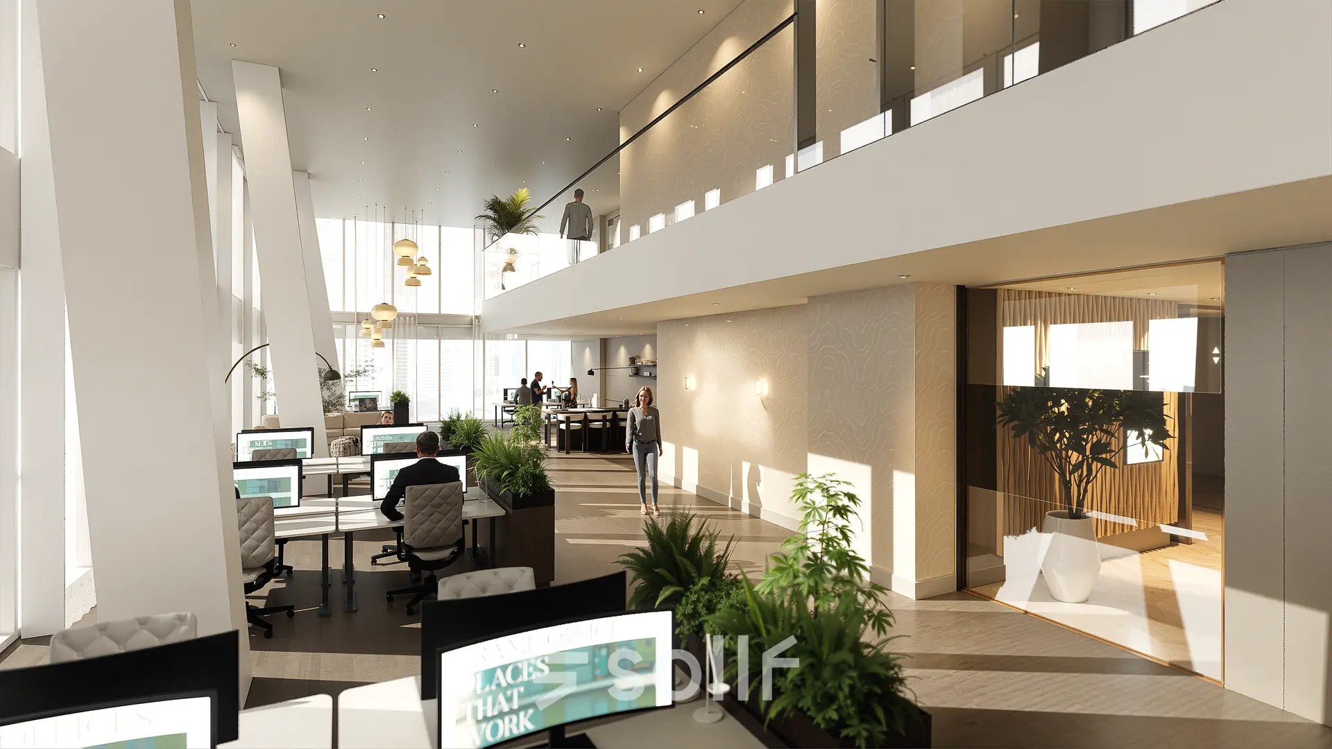 Modern office space rental at Claude Debussylaan 80-134, Amsterdam Zuidas, featuring workstations with people engaged in business activities in a well-lit, furnished interior.