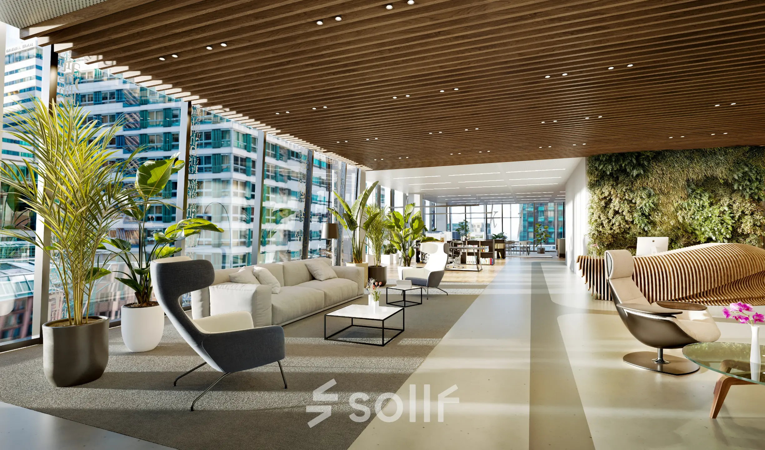 Modern, furnished office space with large windows, offering a vibrant view in Amsterdam Zuidas. Ideal for those looking to rent office space with a comfortable lounge area and abundant natural light.