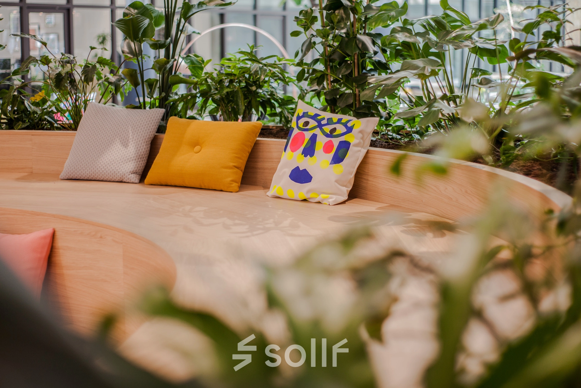 Modern office lounge area with colorful cushions on a wooden bench surrounded by greenery at Fred. Roeskestraat 100, Amsterdam Zuidas. Ideal for office space rental.