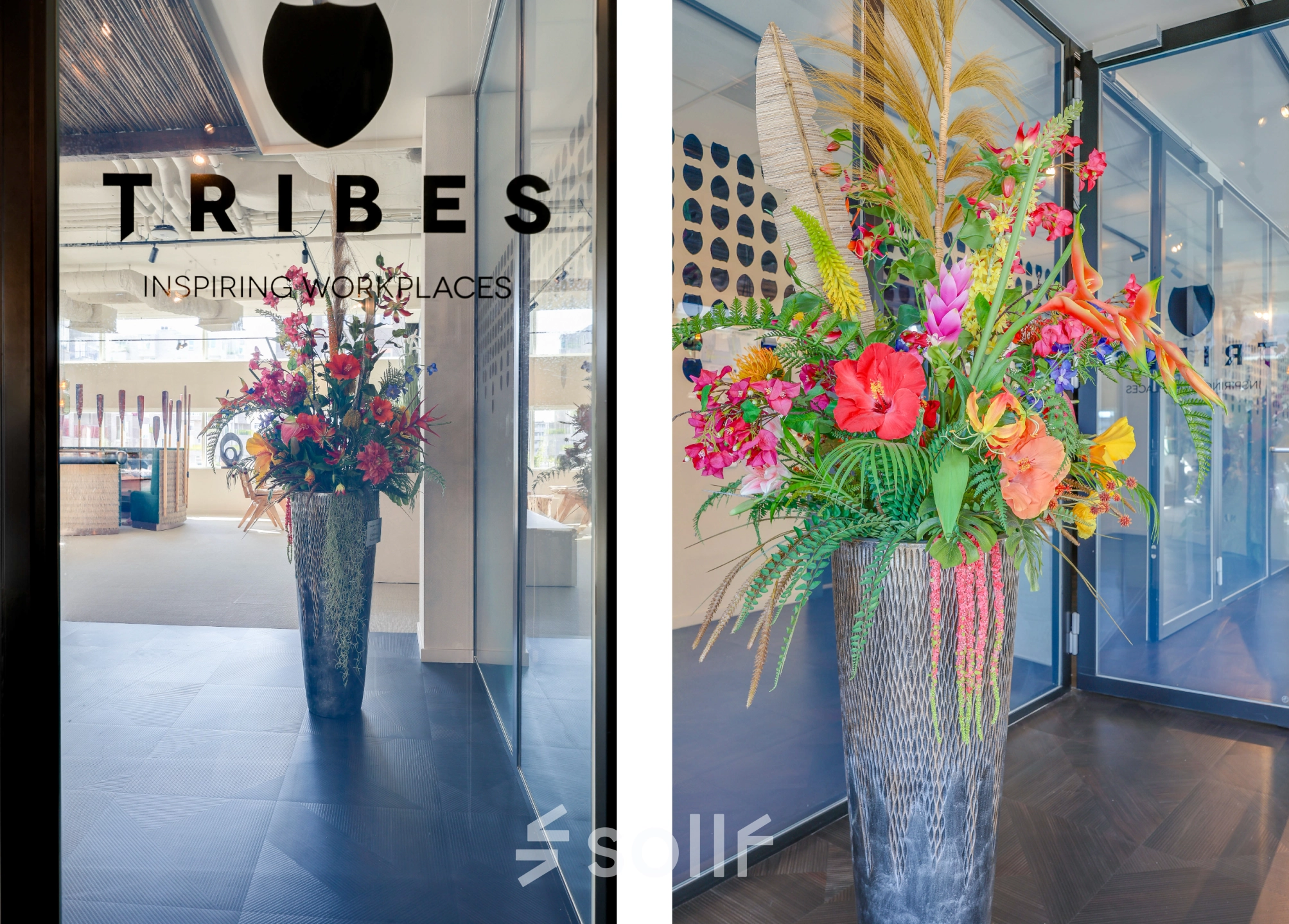 Colorful floral arrangement in the entrance of an office space at Gustav Mahlerlaan 308, Amsterdam Zuidas, ideal for office space rental.