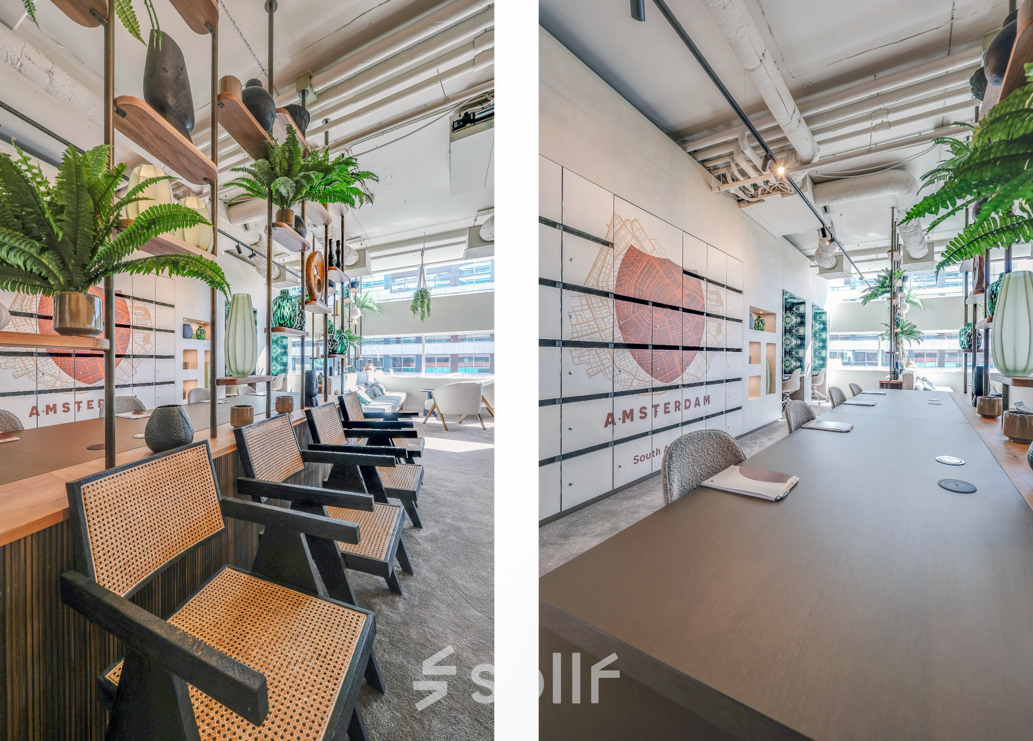 Chic office space with natural lighting at Gustav Mahlerlaan 308, featuring furnished work areas with stylish chairs and greenery. Ideal for office space rental in Amsterdam Zuidas.