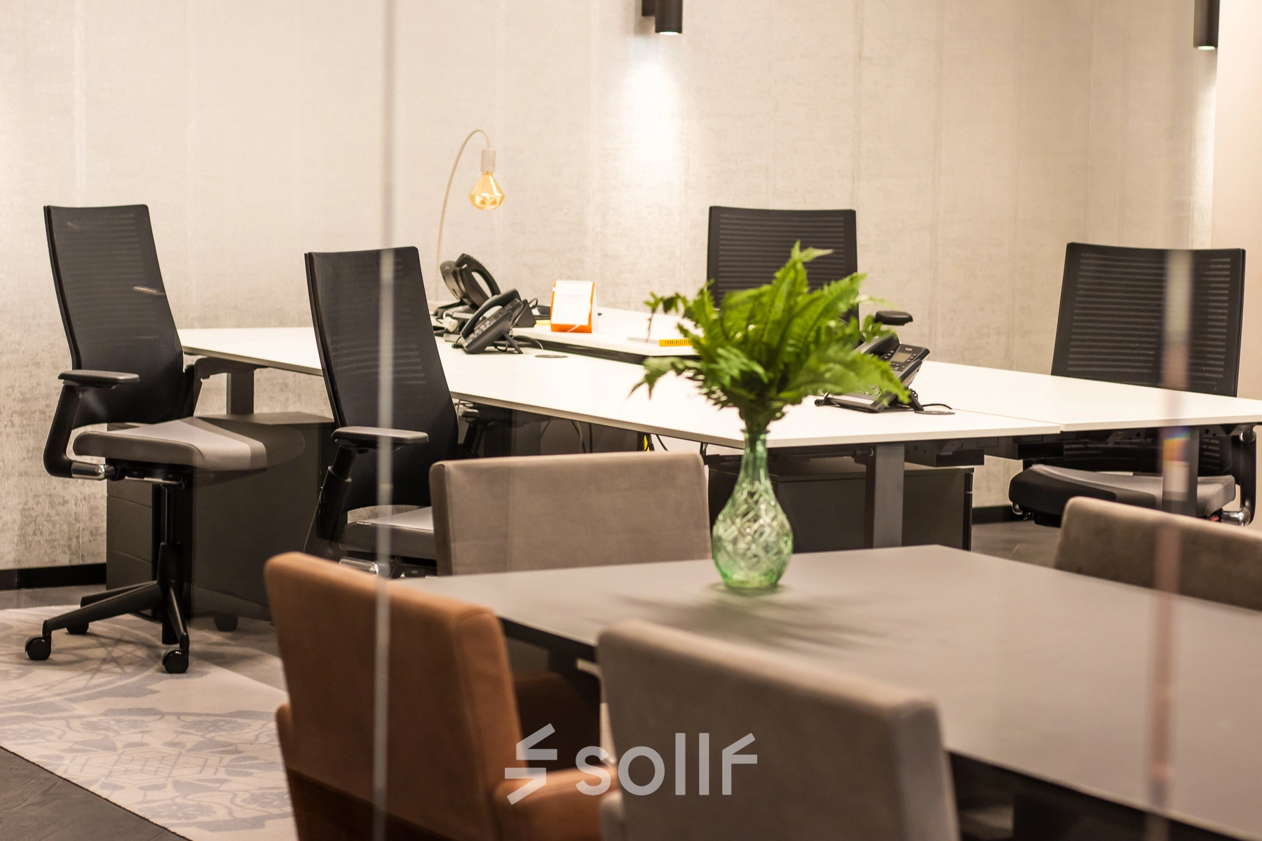 Furnished office space with a large desk and chairs at Gustav Mahlerplein in Amsterdam Zuidas, ideal for rent office space. Decorative plant adds a welcoming touch.