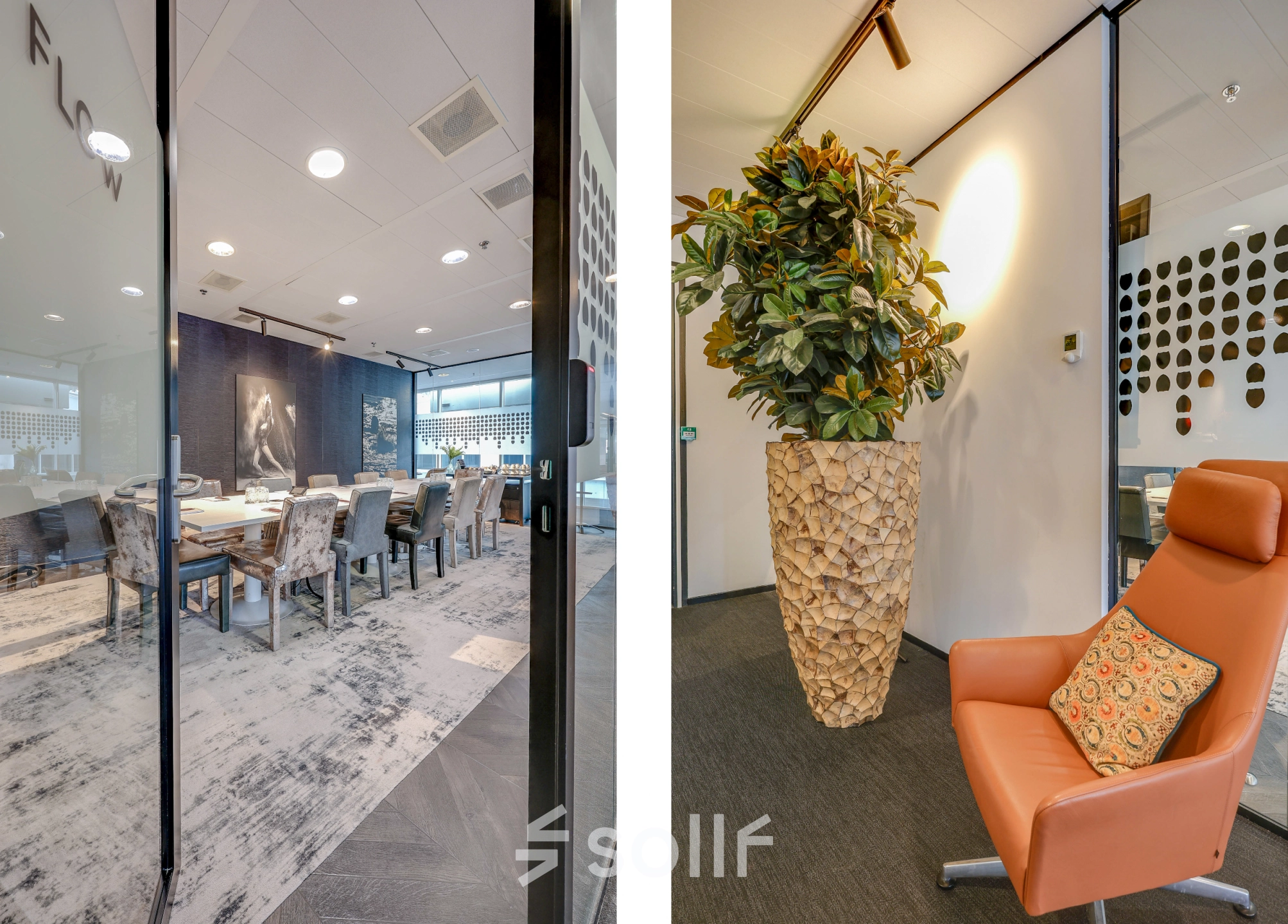 Sleek conference room and cozy lounge area for rent at Gustav Mahlerplein 28 & 58-60. Ideal office space rental in Amsterdam Zuidas.