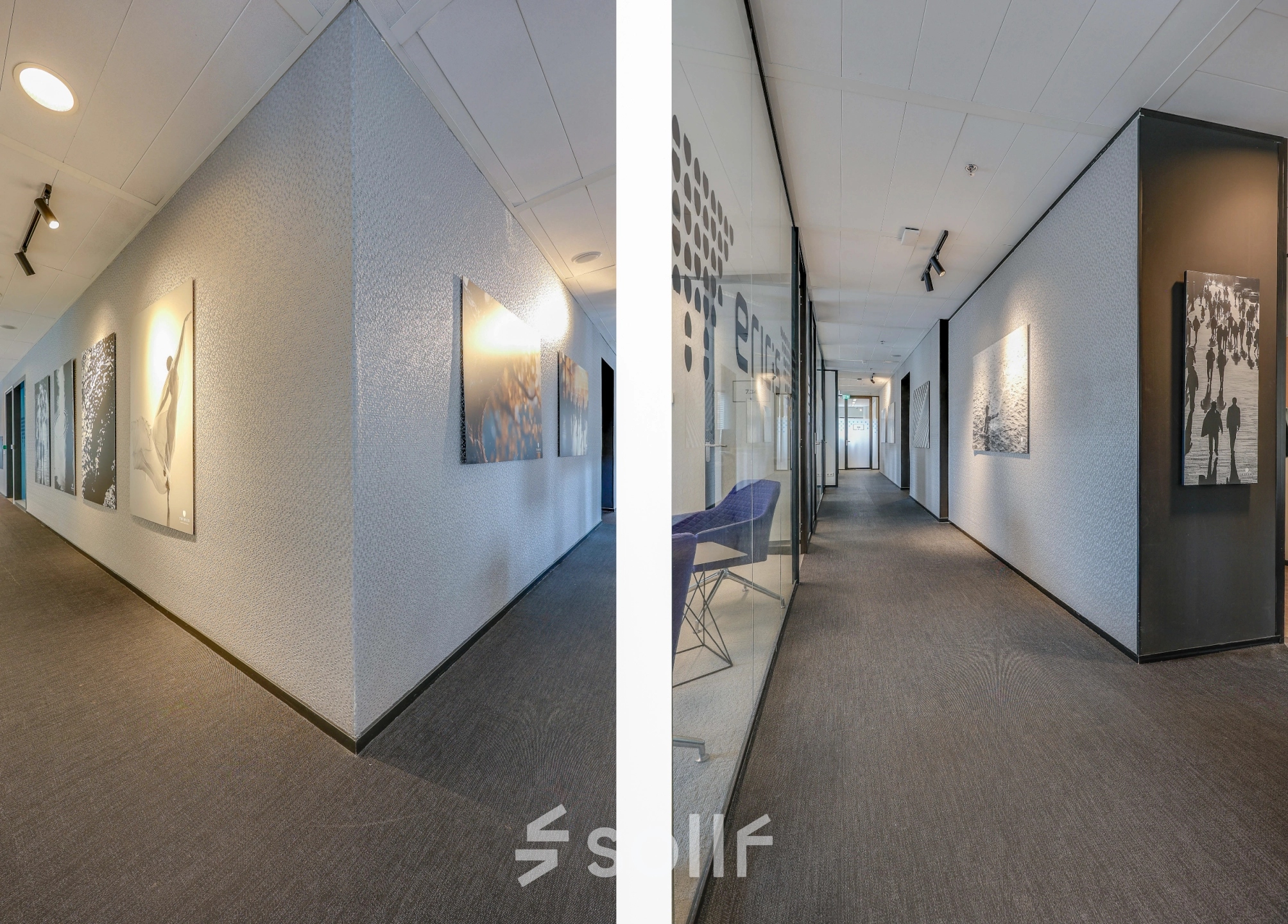 Hallway of office space at Gustav Mahlerplein 28 & 58-60, Amsterdam Zuidas, featuring modern art on the walls.
