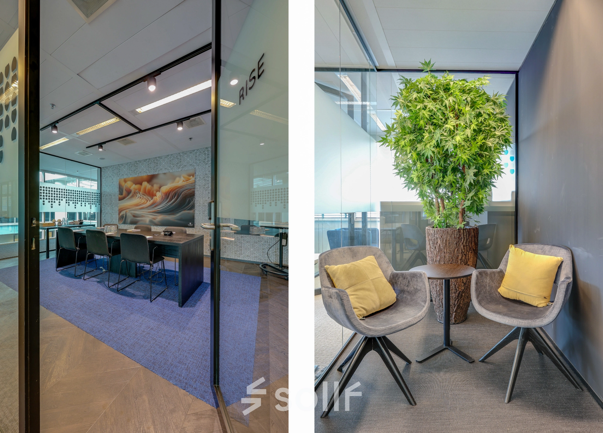 Interior view of a furnished office space at Gustav Mahlerplein 28 & 58-60 in Amsterdam Zuidas, featuring a conference room with chairs and a small lounge area with chairs and a plant.