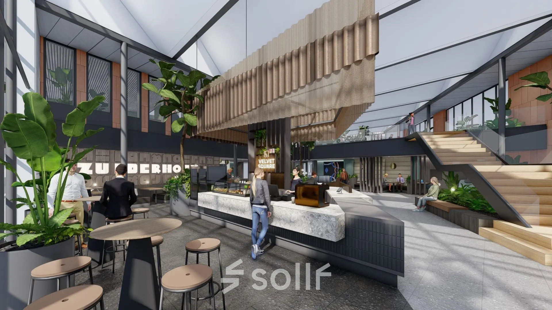 Modern office space in Amsterdam Zuidas with a spacious open floorplan, stylish furniture, and several people engaged in work activities. An ideal choice for office space rental at Jachthavenweg 109.