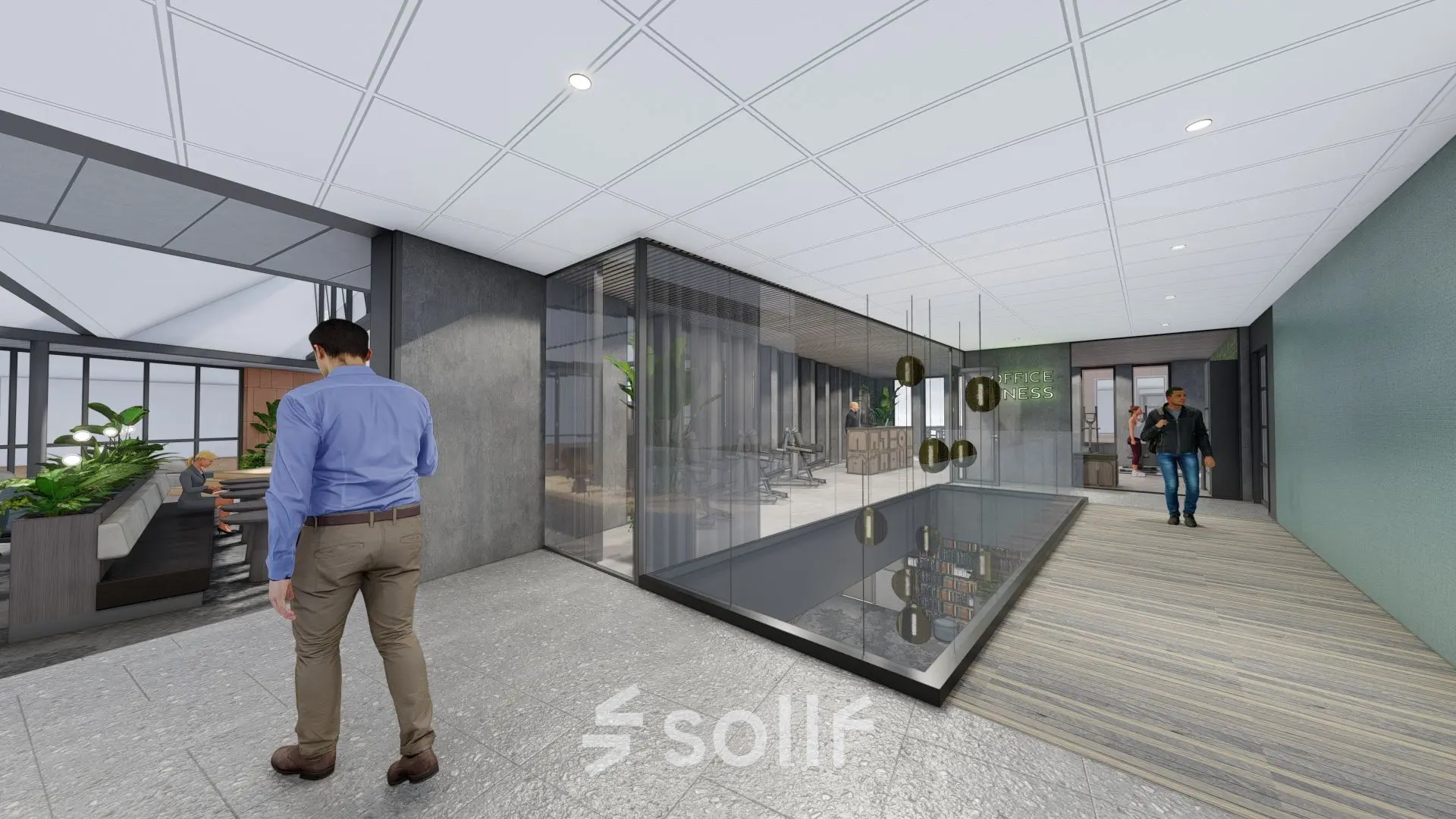 Business professionals interact in a modern office space in Amsterdam Zuidas, located at Jachthavenweg 109, showcasing office space rental opportunities with contemporary furnishings.