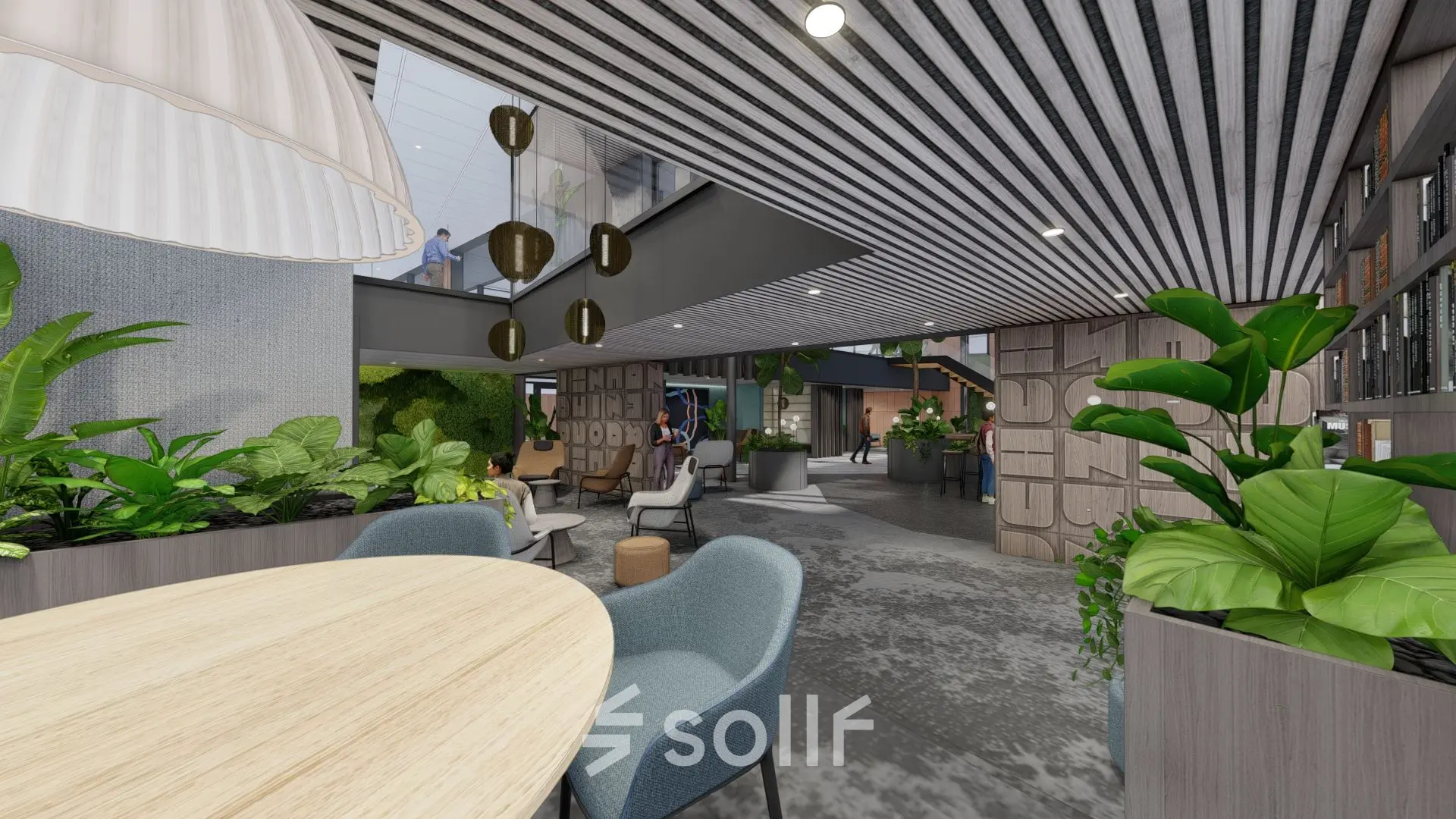 Modern office space in Amsterdam Zuidas with stylish furnishings, plants, and people engaged in a meeting, suitable for office space rental.