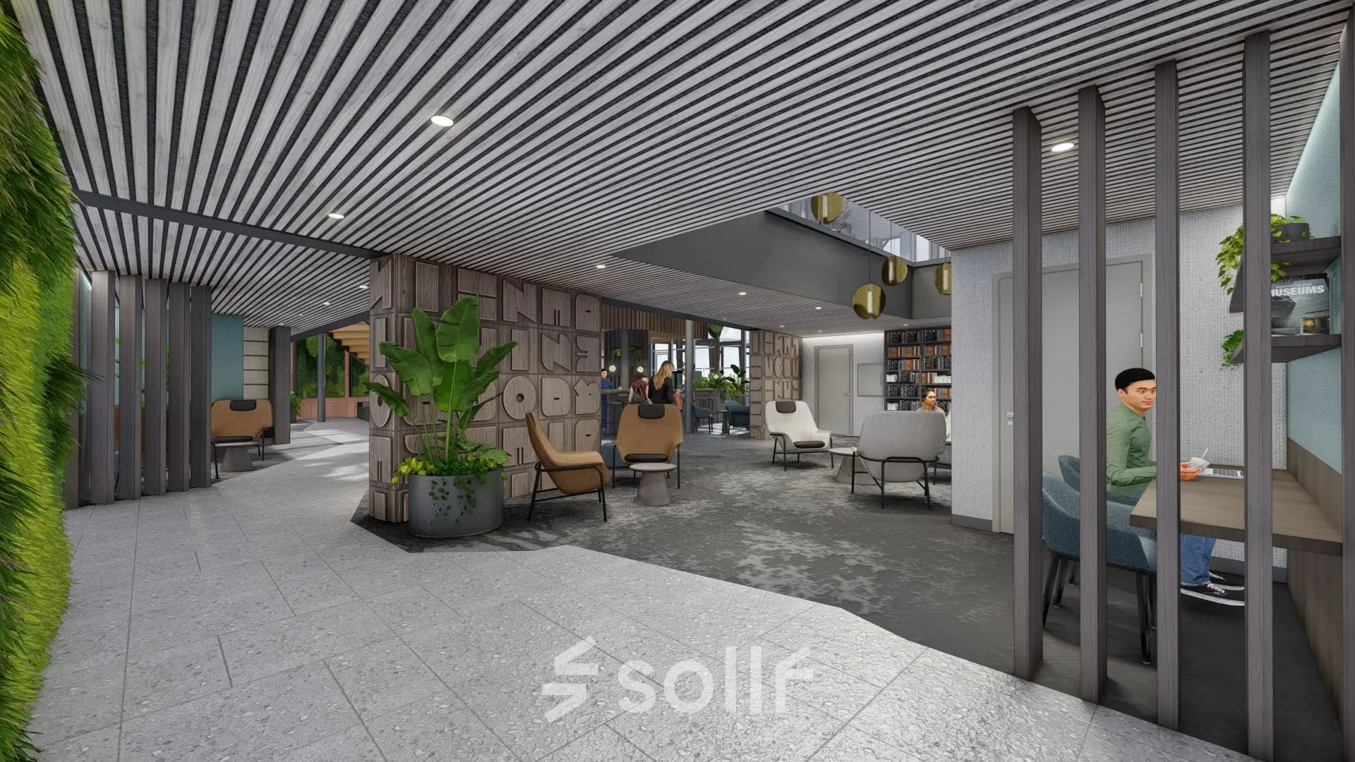 Modern office space rental at Jachthavenweg 109, Amsterdam Zuidas, featuring stylish seating areas and people engaged in discussions and work activities.